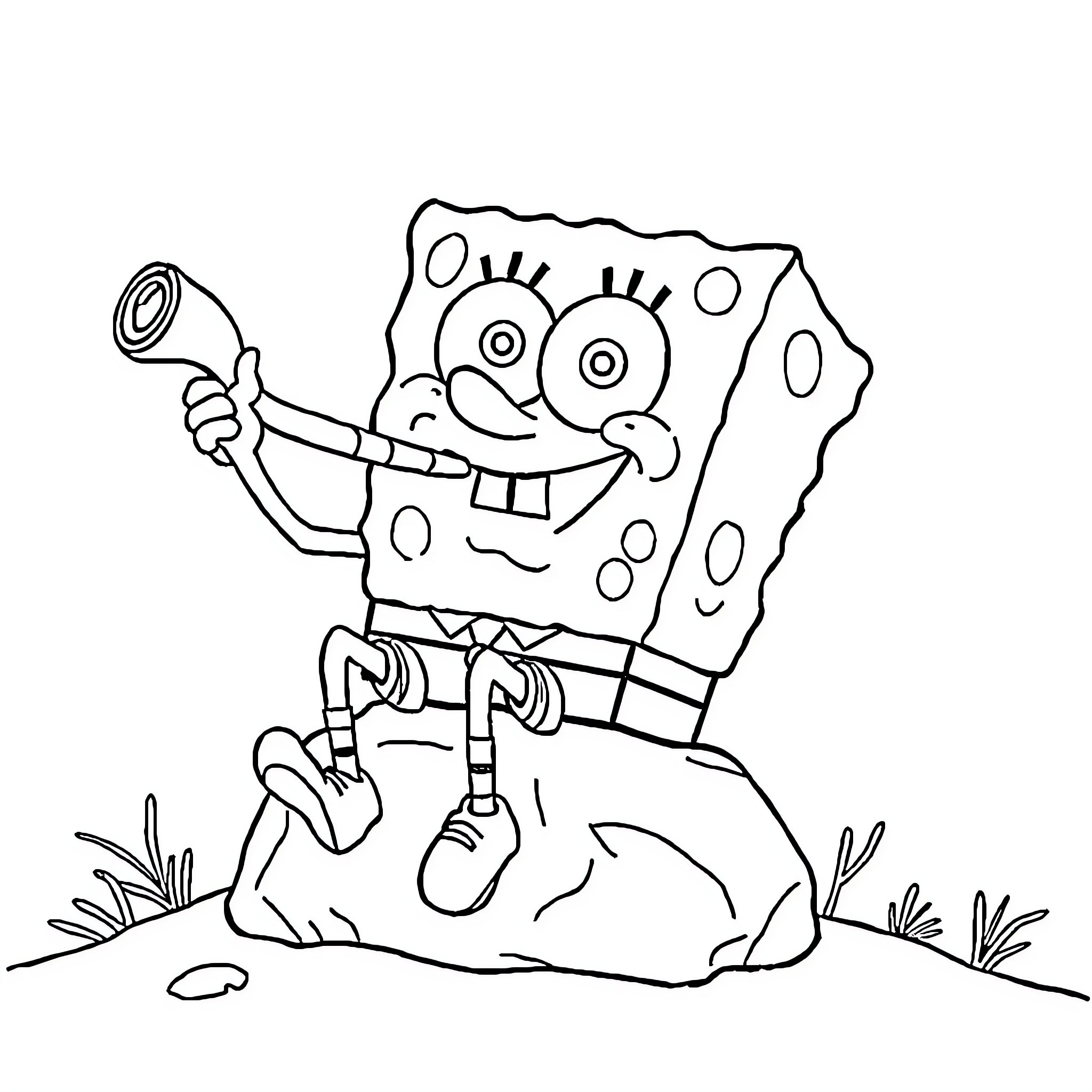 Spongebob exploring a rocky terrain Coloring Page (free black-and-white line drawing printable PDF for all, from beginners to advanced learners, including children, teens, adults, and seniors)