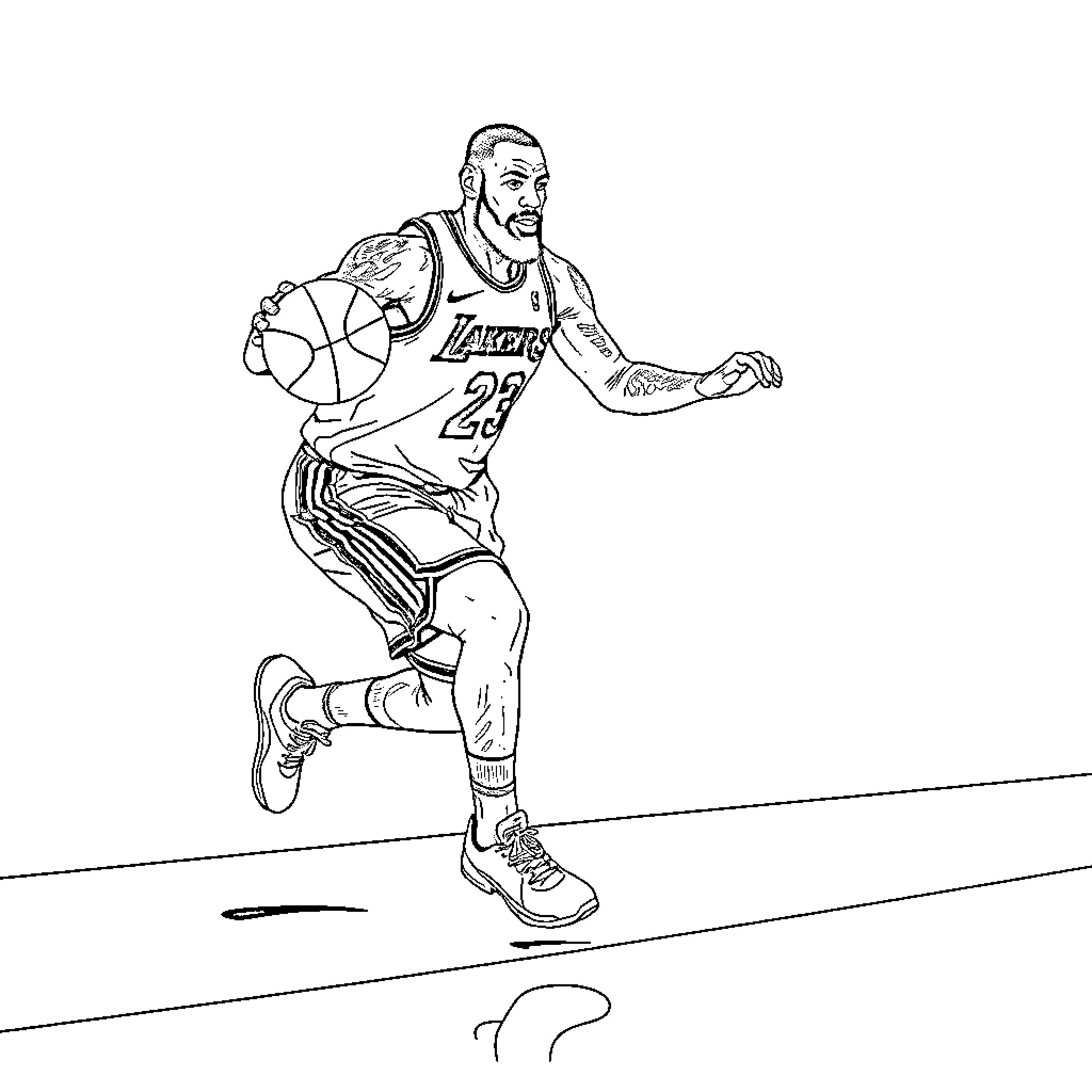LeBron James in action on the basketball court Coloring Page (free black-and-white line drawing printable PDF for all, from beginners to advanced learners, including children, teens, adults, and seniors)