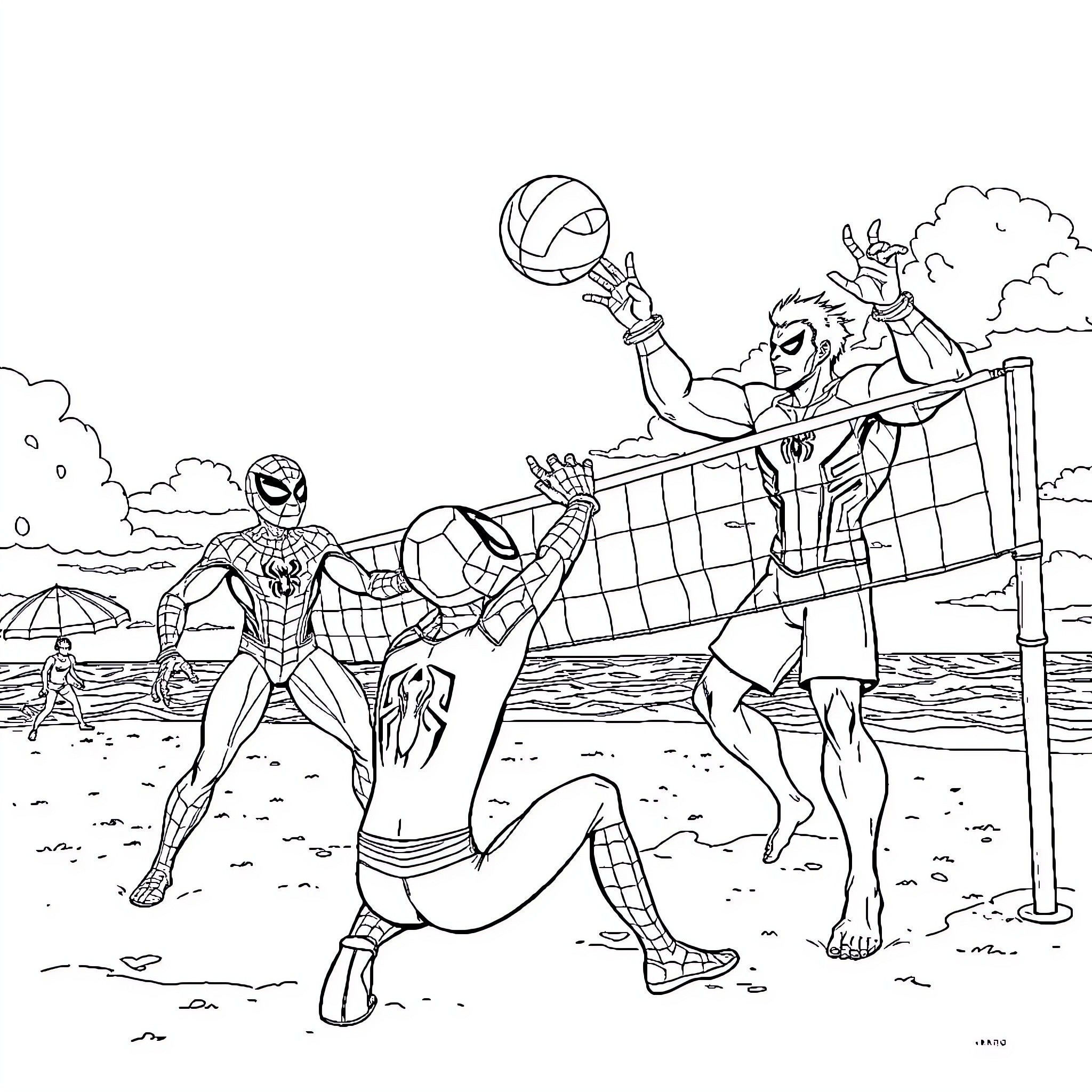 Spiderman and Friends Enjoy Beach Volleyball Coloring Page (free black-and-white line drawing printable PDF for all, from beginners to advanced learners, including children, teens, adults, and seniors)