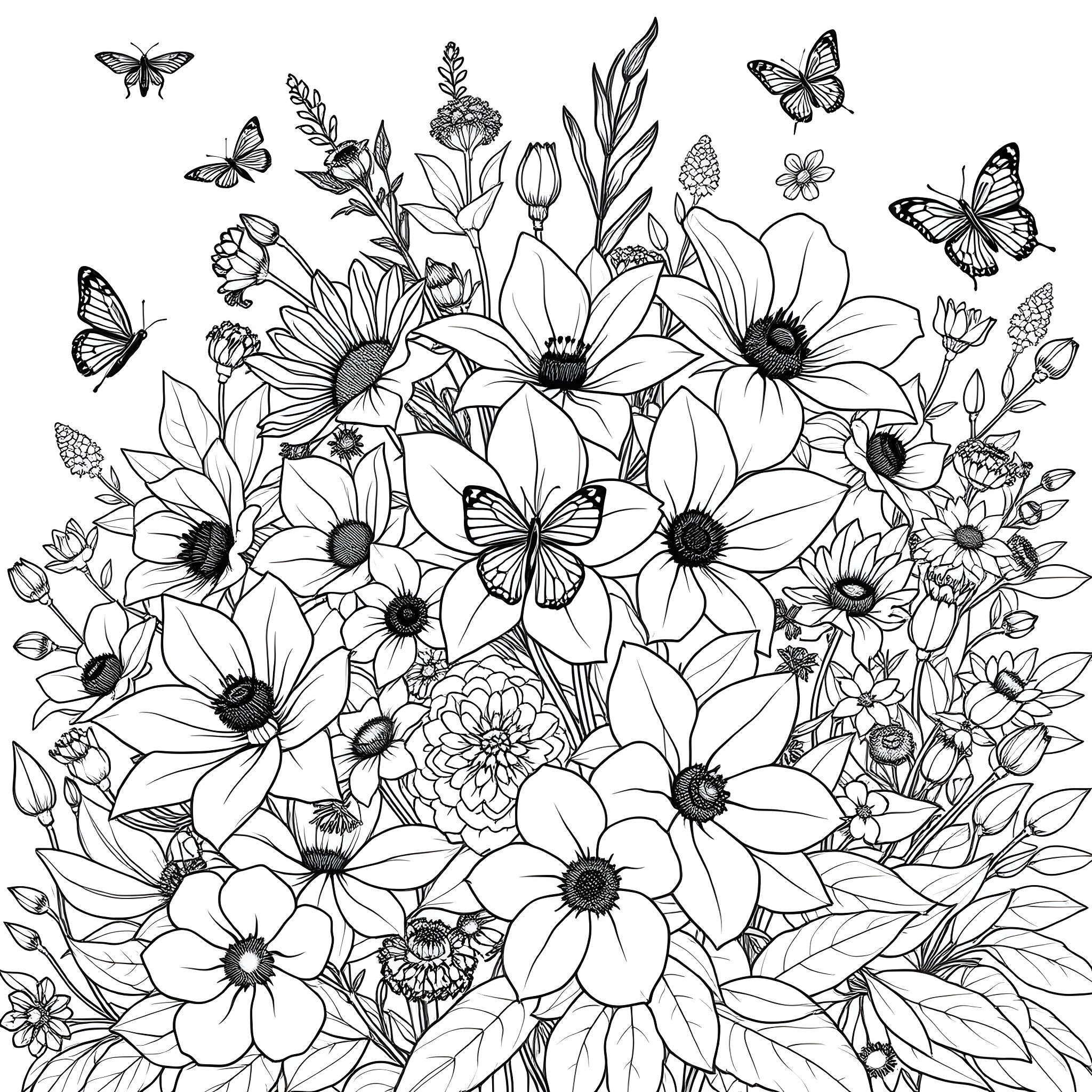 Flower Garden Filled with Butterflies and Blooms Coloring Page (free black-and-white line drawing printable PDF for all, from beginners to advanced learners, including children, teens, adults, and seniors)