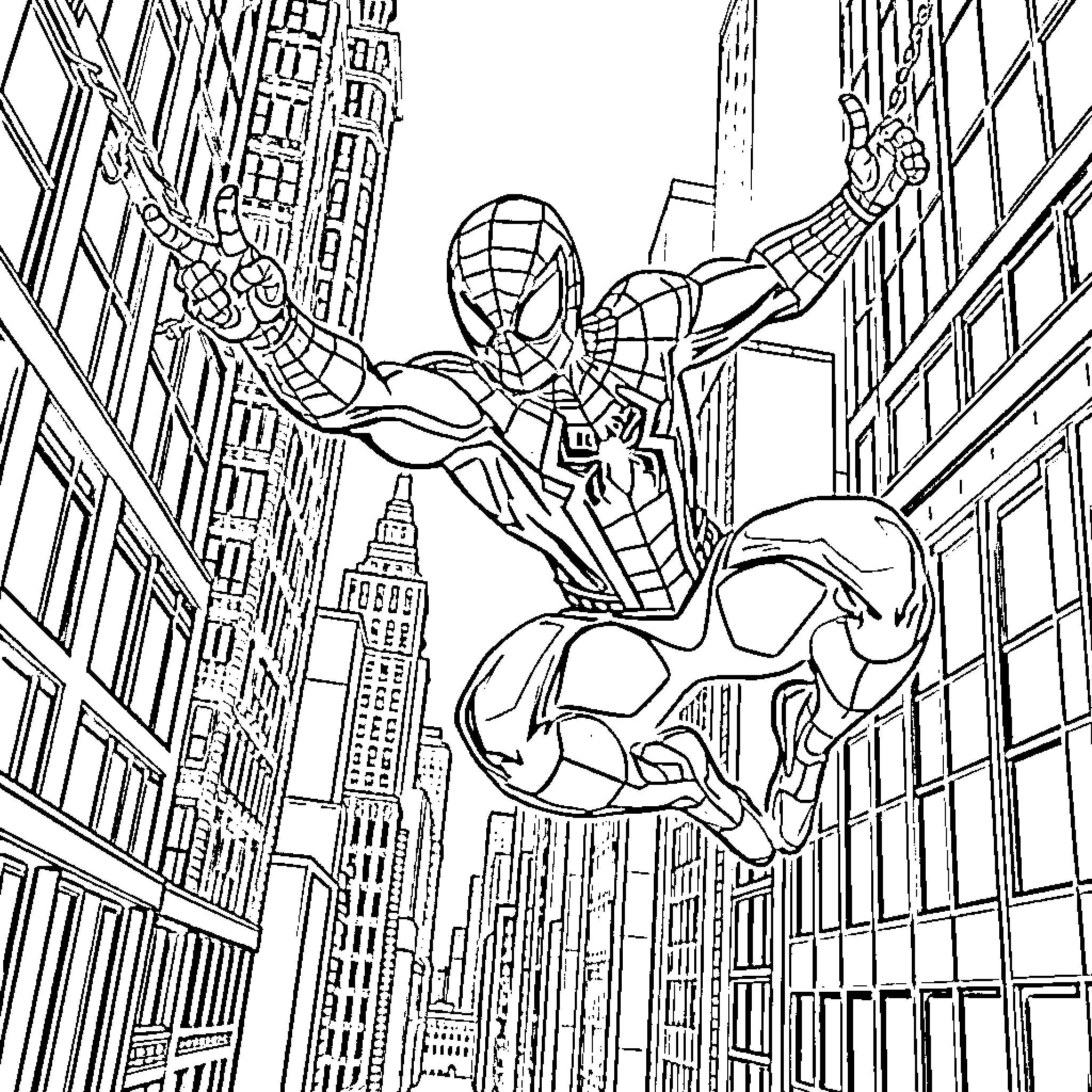 Spider-Man swinging through the city skyline Coloring Page (free black-and-white line drawing printable PDF for all, from beginners to advanced learners, including children, teens, adults, and seniors)
