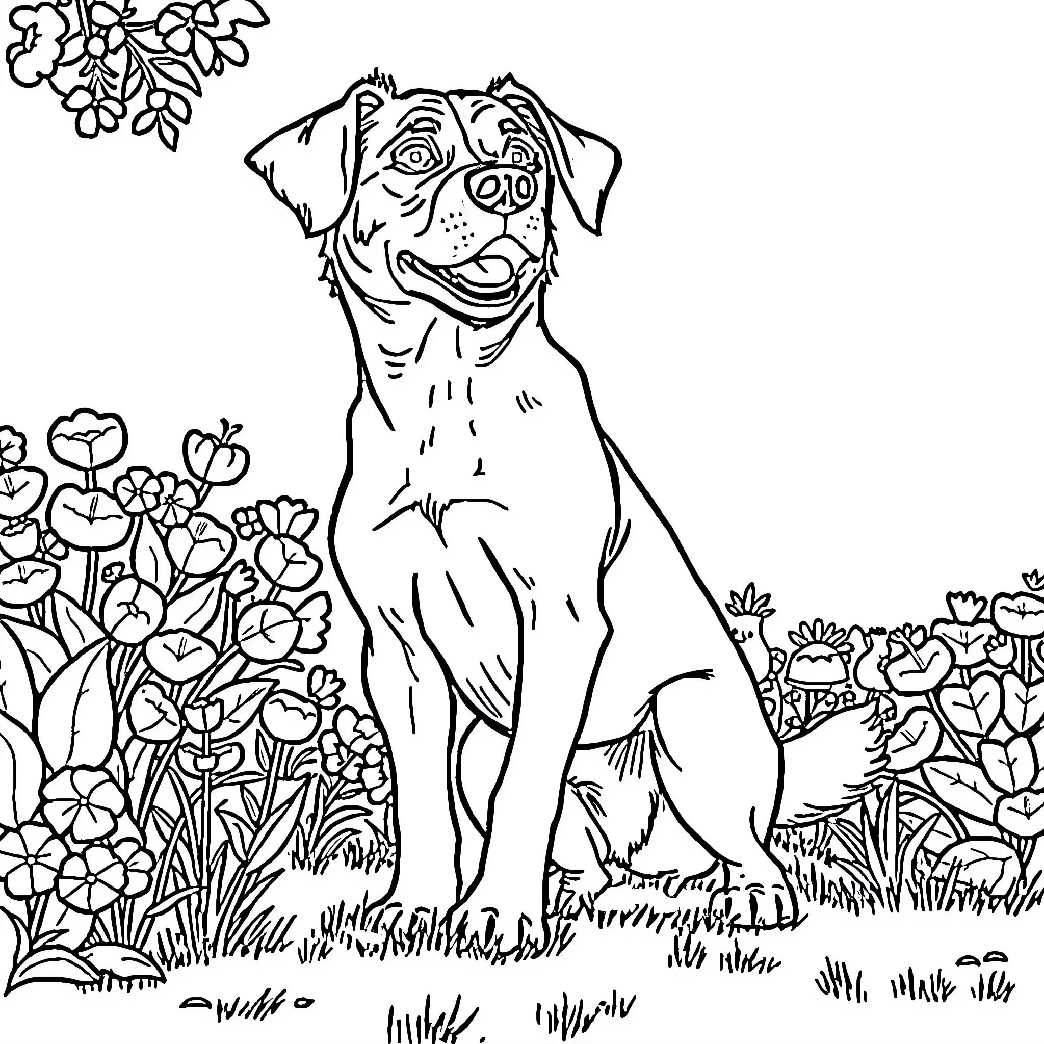 Dog sitting happily in a flower garden Coloring Page (free black-and-white line drawing printable PDF for all, from beginners to advanced learners, including children, teens, adults, and seniors)