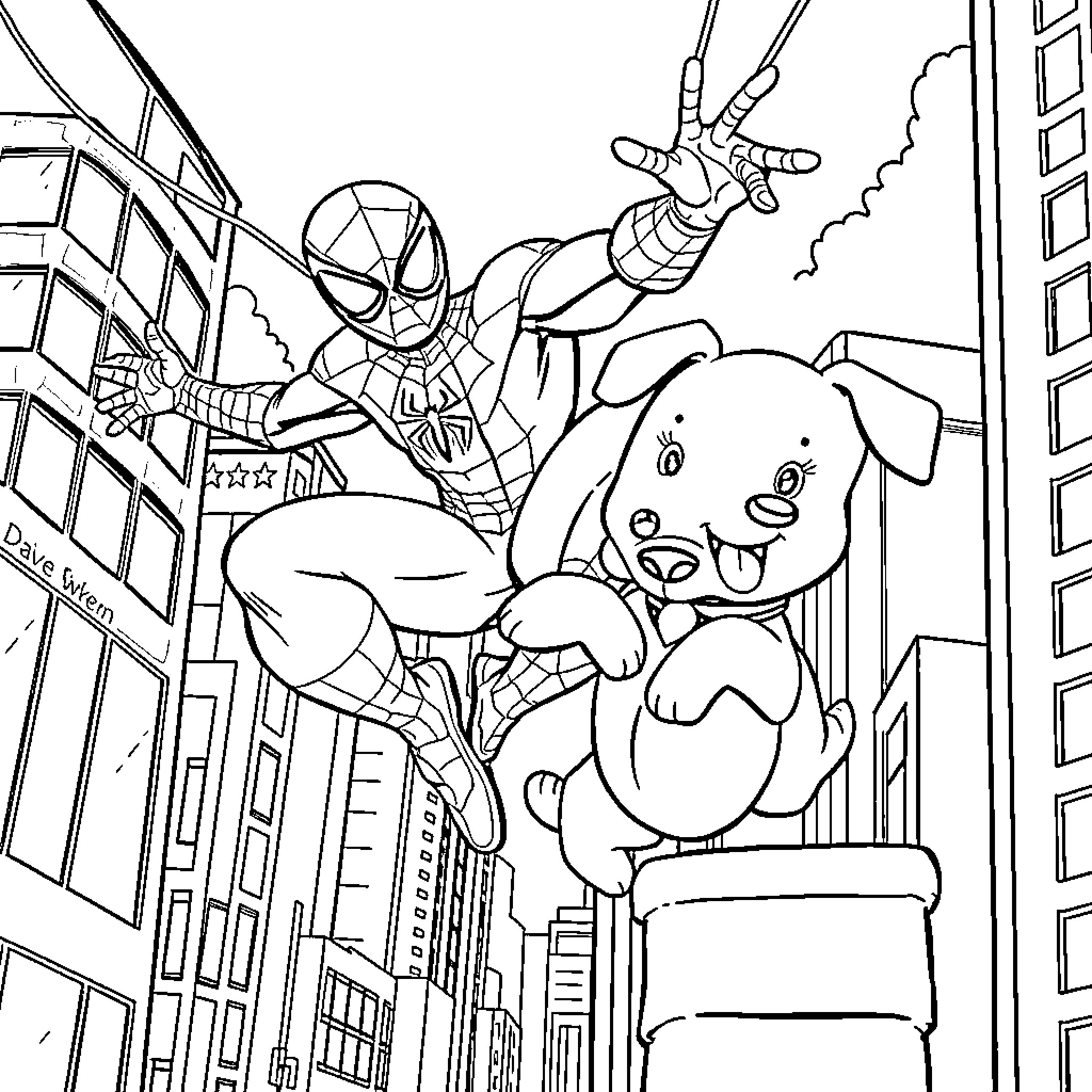 Spiderman swinging through the city with a puppy Coloring Page (free black-and-white line drawing printable PDF for all, from beginners to advanced learners, including children, teens, adults, and seniors)