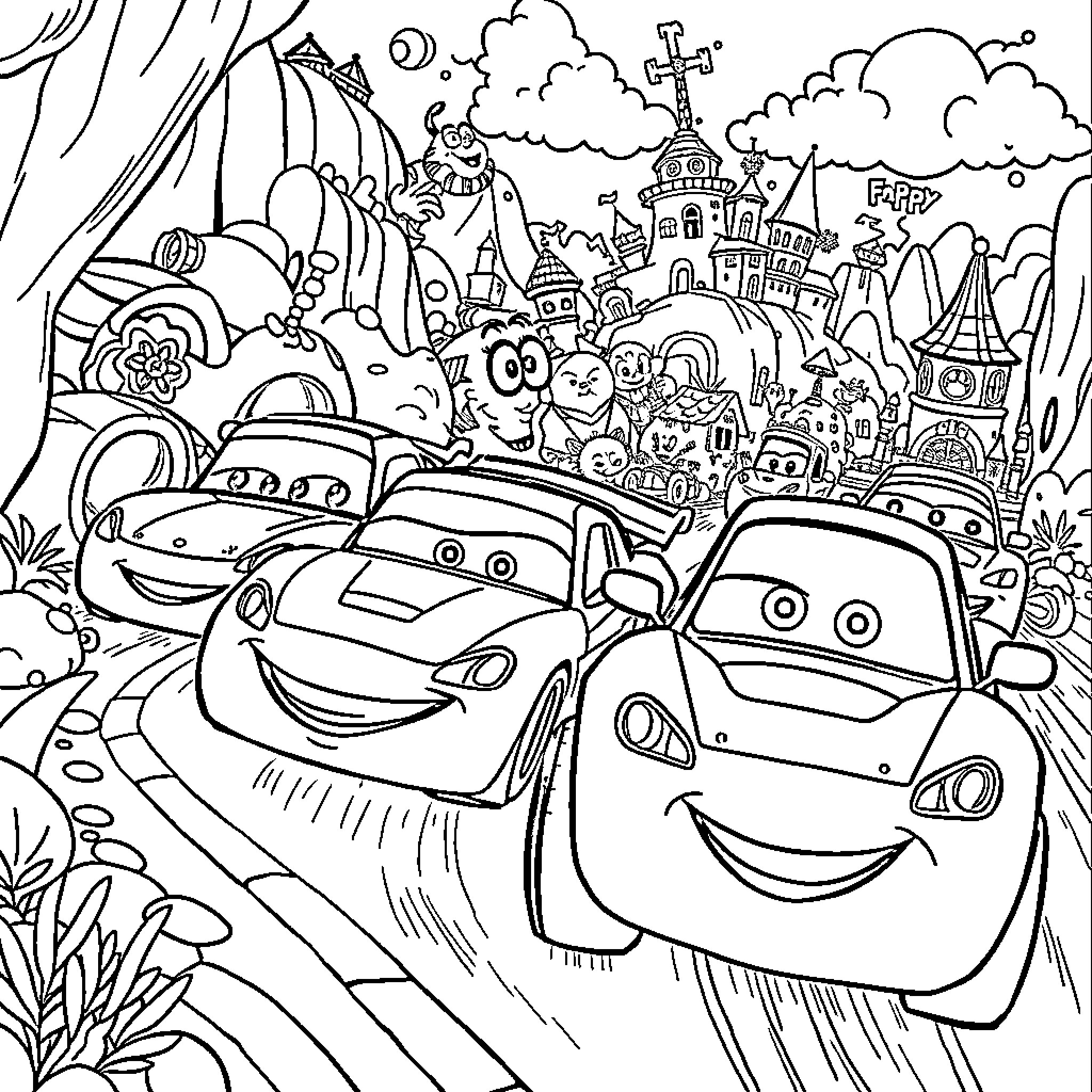 Cars racing through a fantasy town Coloring Page (free black-and-white line drawing printable PDF for all, from beginners to advanced learners, including children, teens, adults, and seniors)