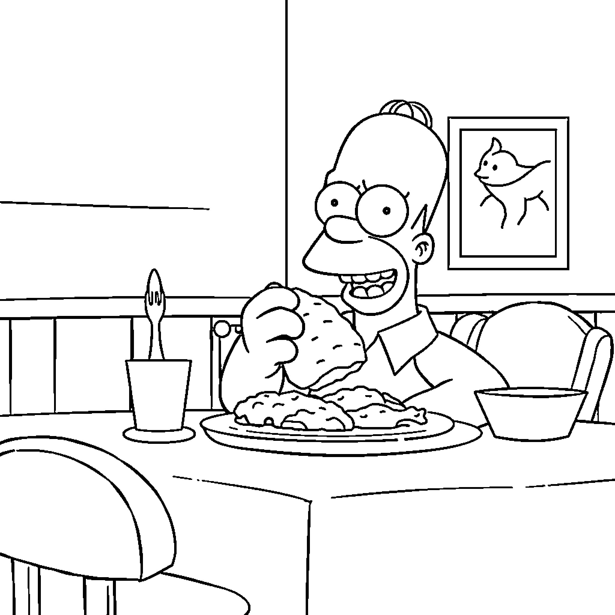 Homer Simpson enjoying a tasty meal at home Coloring Page (free black-and-white line drawing printable PDF for all, from beginners to advanced learners, including children, teens, adults, and seniors)