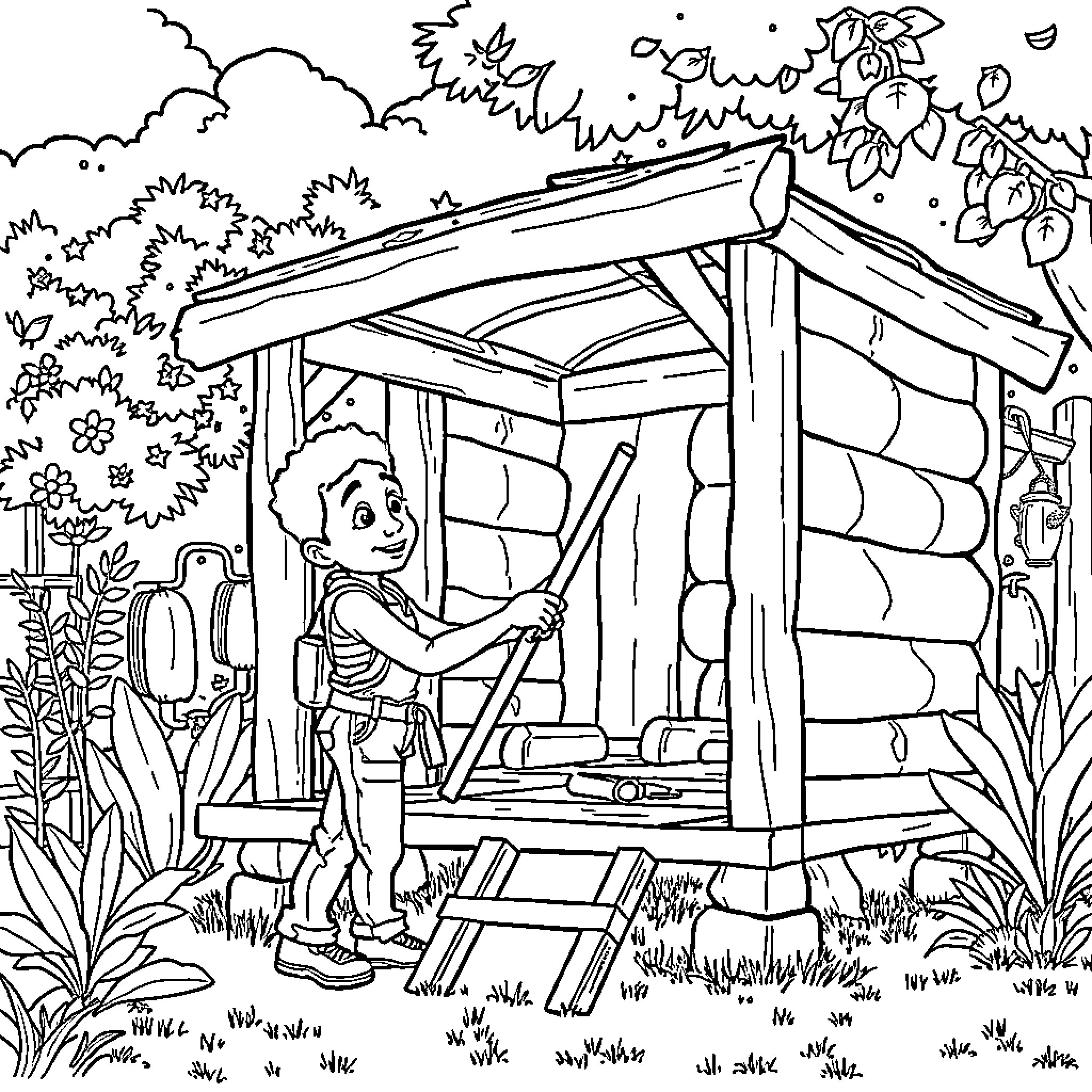 Mbappe exploring the wilderness in a log cabin Coloring Page (free black-and-white line drawing printable PDF for all, from beginners to advanced learners, including children, teens, adults, and seniors)