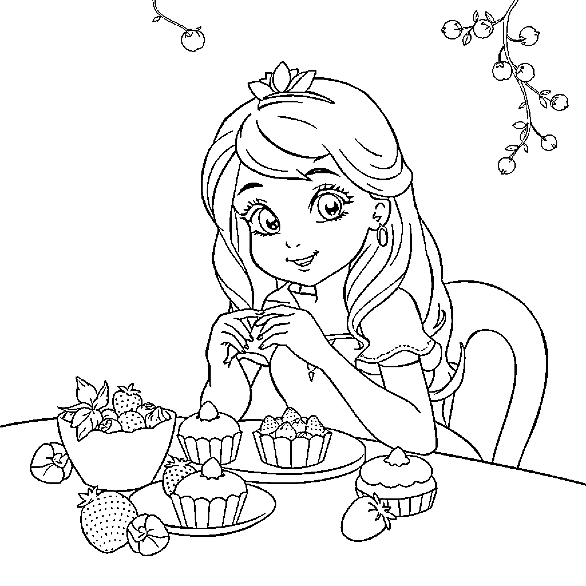 Princess Enjoying Sweet Treats with Fruit Coloring Page (free black-and-white line drawing printable PDF for all, from beginners to advanced learners, including children, teens, adults, and seniors)