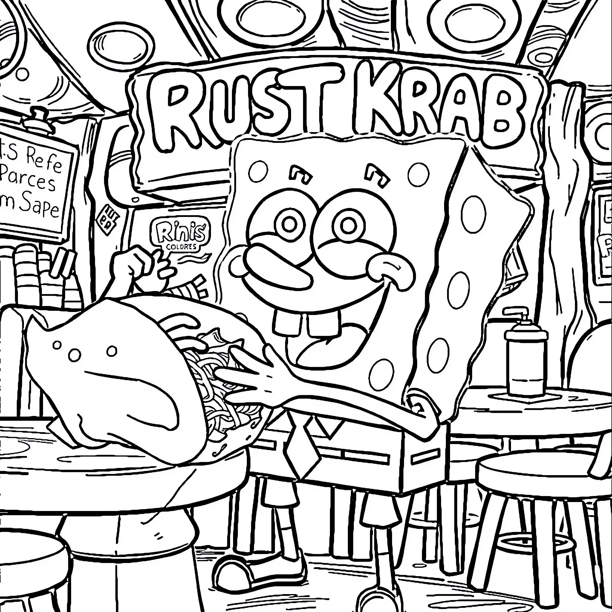 Spongebob working at the Krusty Krab restaurant Coloring Page (free black-and-white line drawing printable PDF for all, from beginners to advanced learners, including children, teens, adults, and seniors)