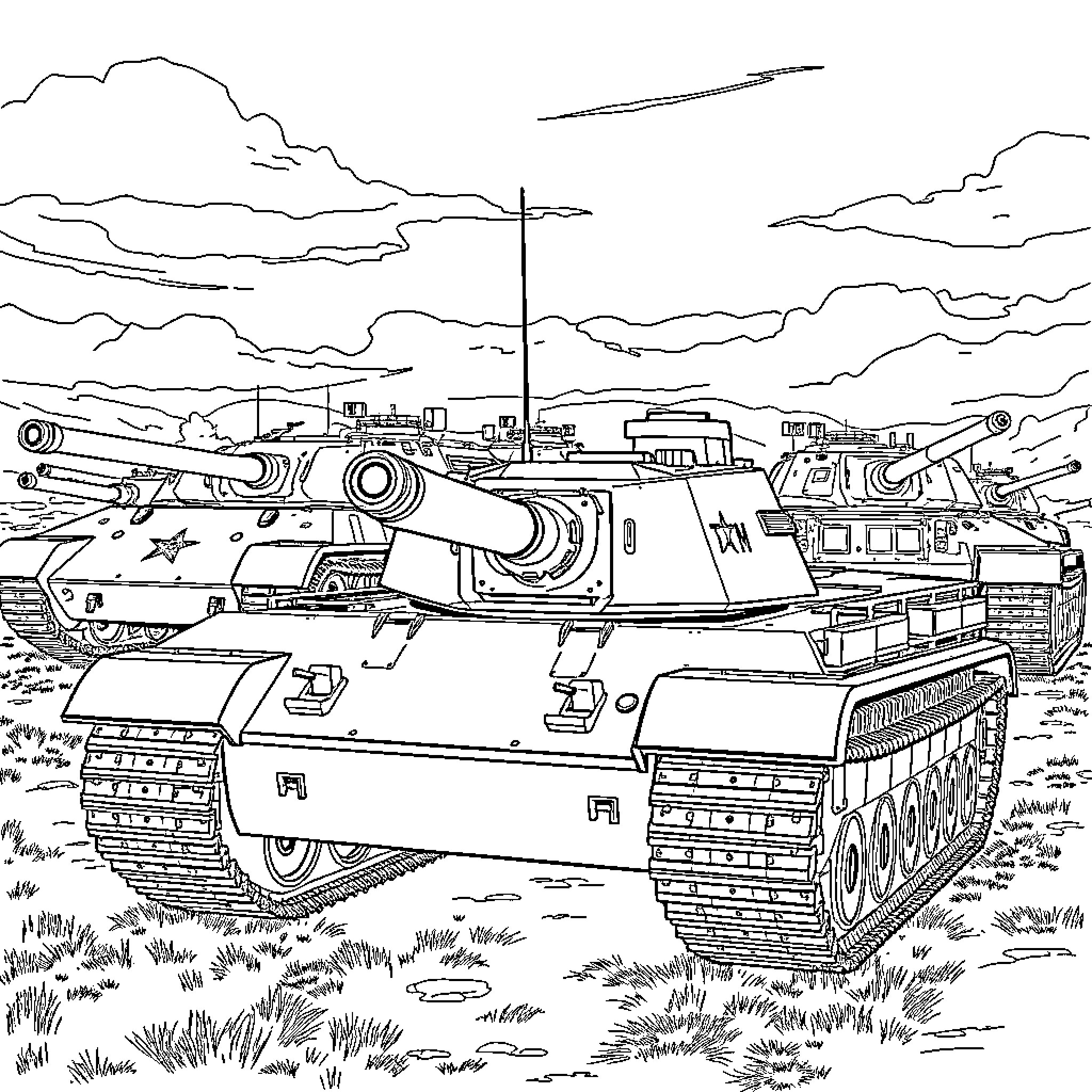 Tank on the battlefield amid clouds Coloring Page (free black-and-white line drawing printable PDF for all, from beginners to advanced learners, including children, teens, adults, and seniors)