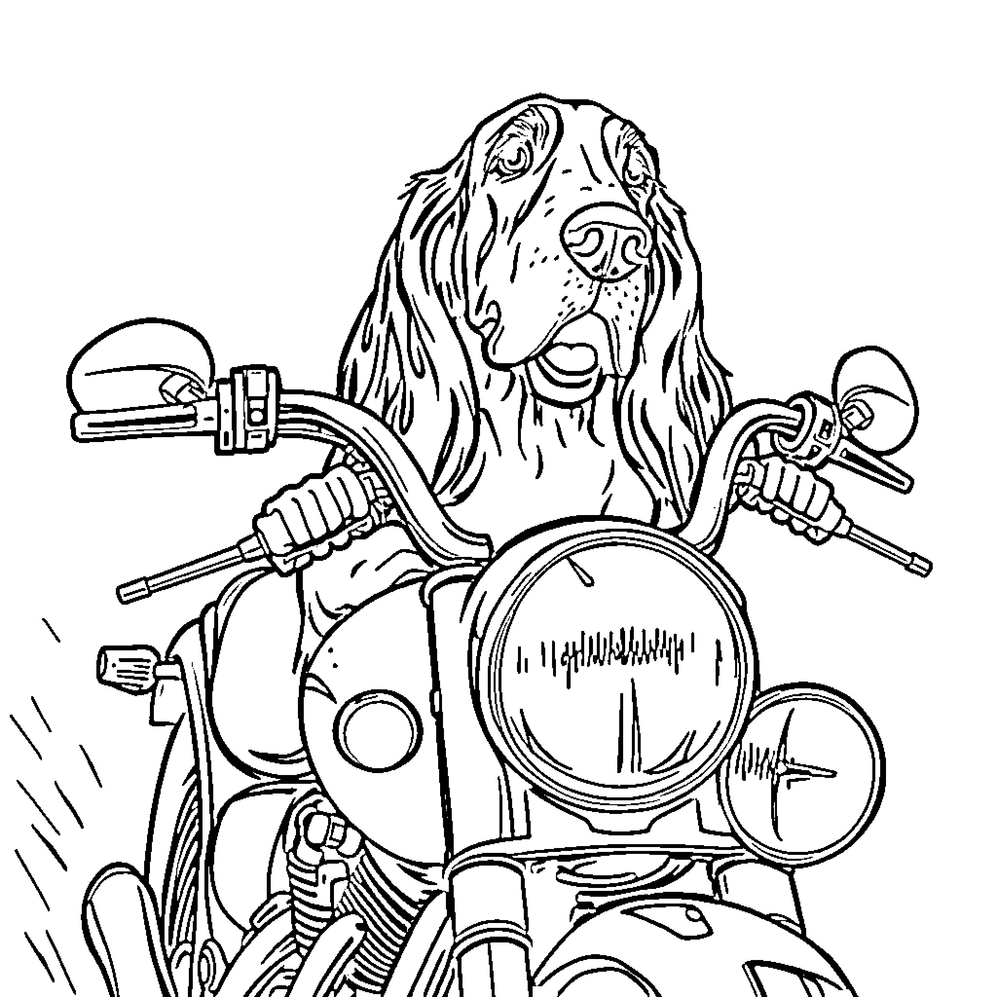 Bassett Hound riding motorcycle on the road Coloring Page (free black-and-white line drawing printable PDF for all, from beginners to advanced learners, including children, teens, adults, and seniors)