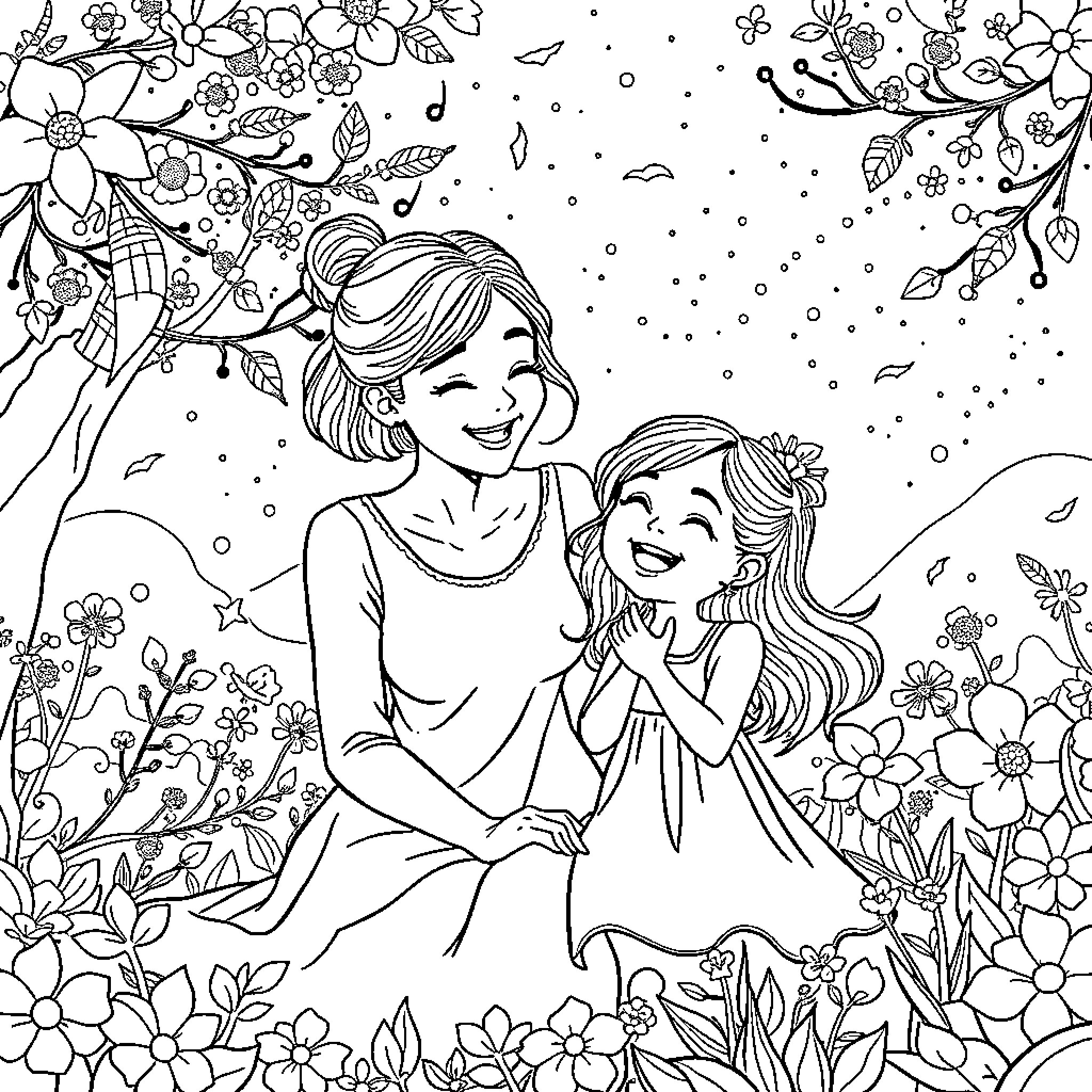 Mother and daughter bonding in a garden of flowers Coloring Page (free black-and-white line drawing printable PDF for all, from beginners to advanced learners, including children, teens, adults, and seniors)