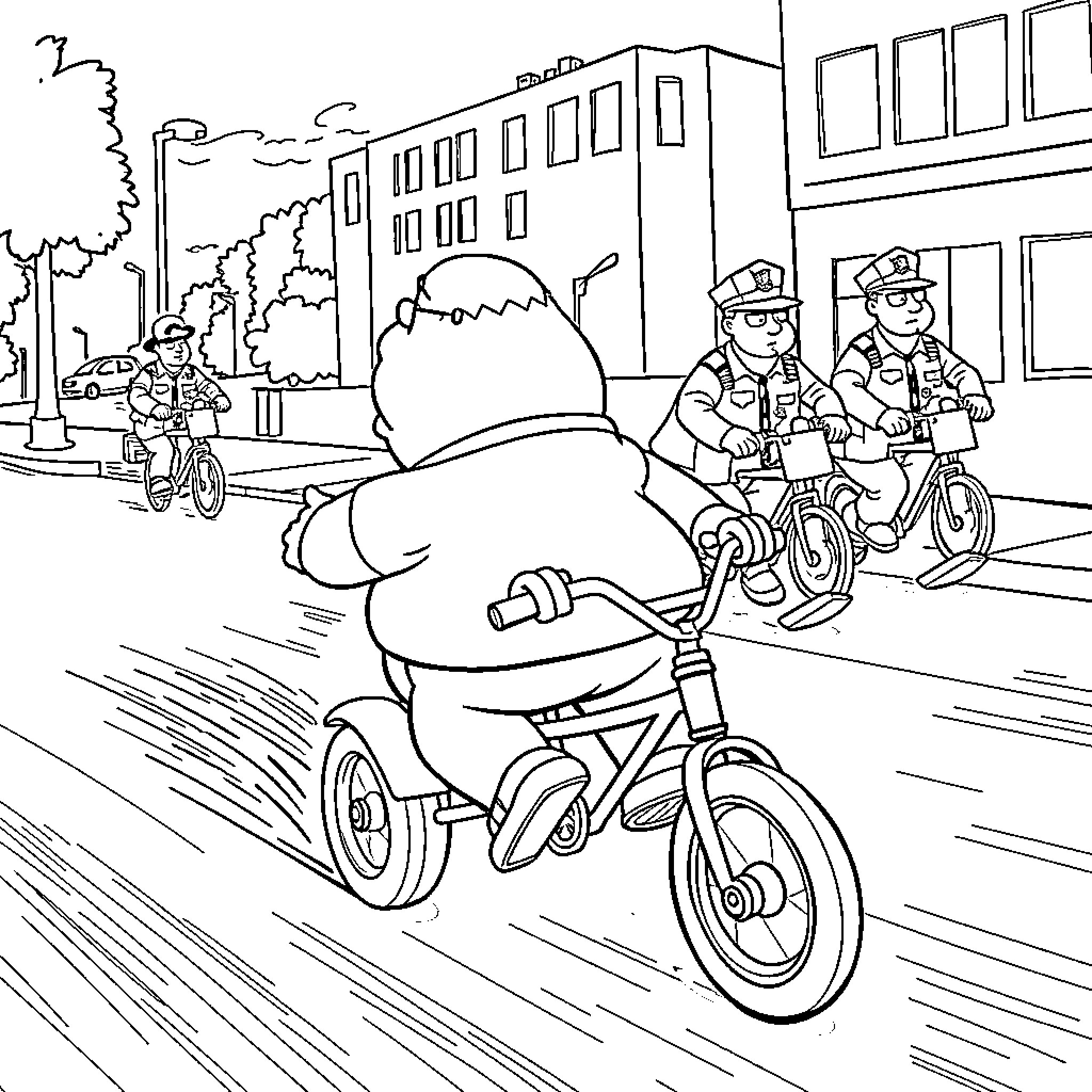 Peter Griffin's Bike Ride with Police Officers Coloring Page (free black-and-white line drawing printable PDF for all, from beginners to advanced learners, including children, teens, adults, and seniors)