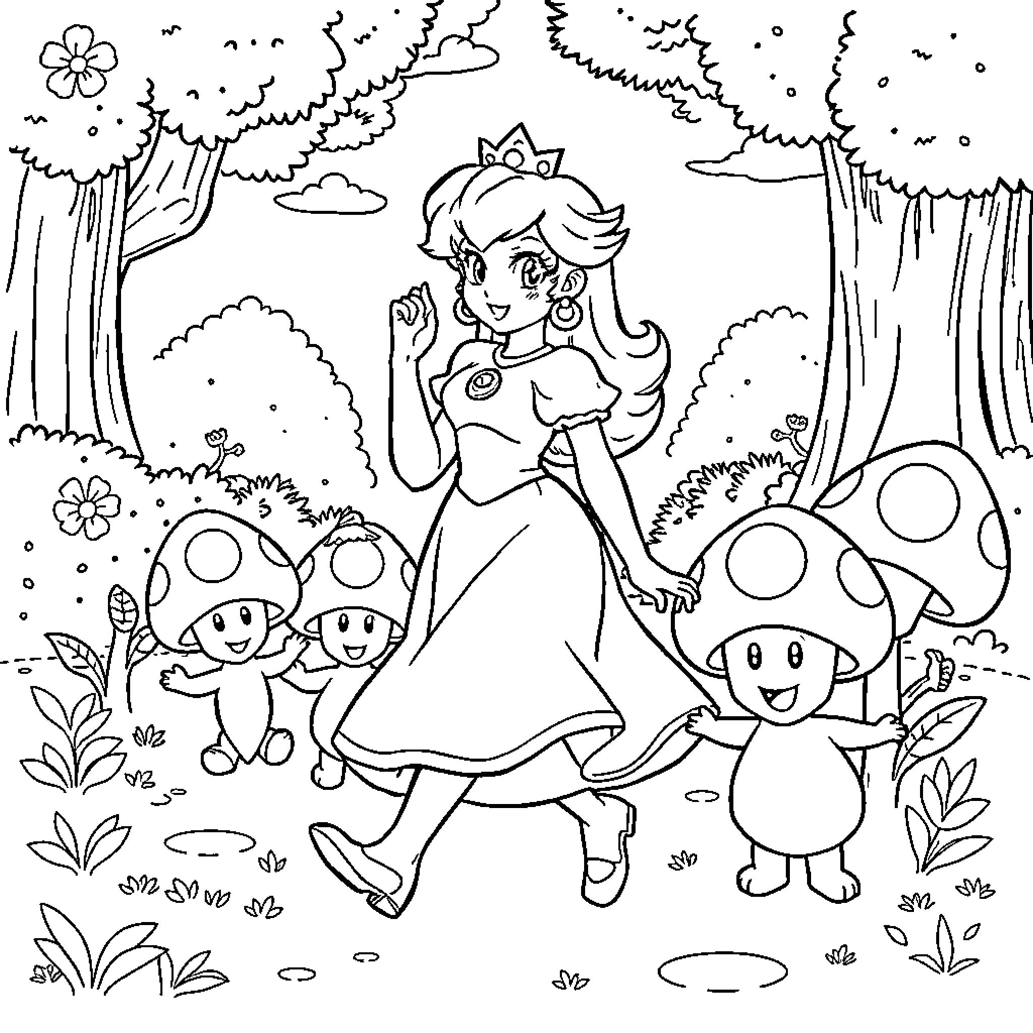 Princess Peach exploring the enchanted forest with friends Coloring Page (free black-and-white line drawing printable PDF for all, from beginners to advanced learners, including children, teens, adults, and seniors)
