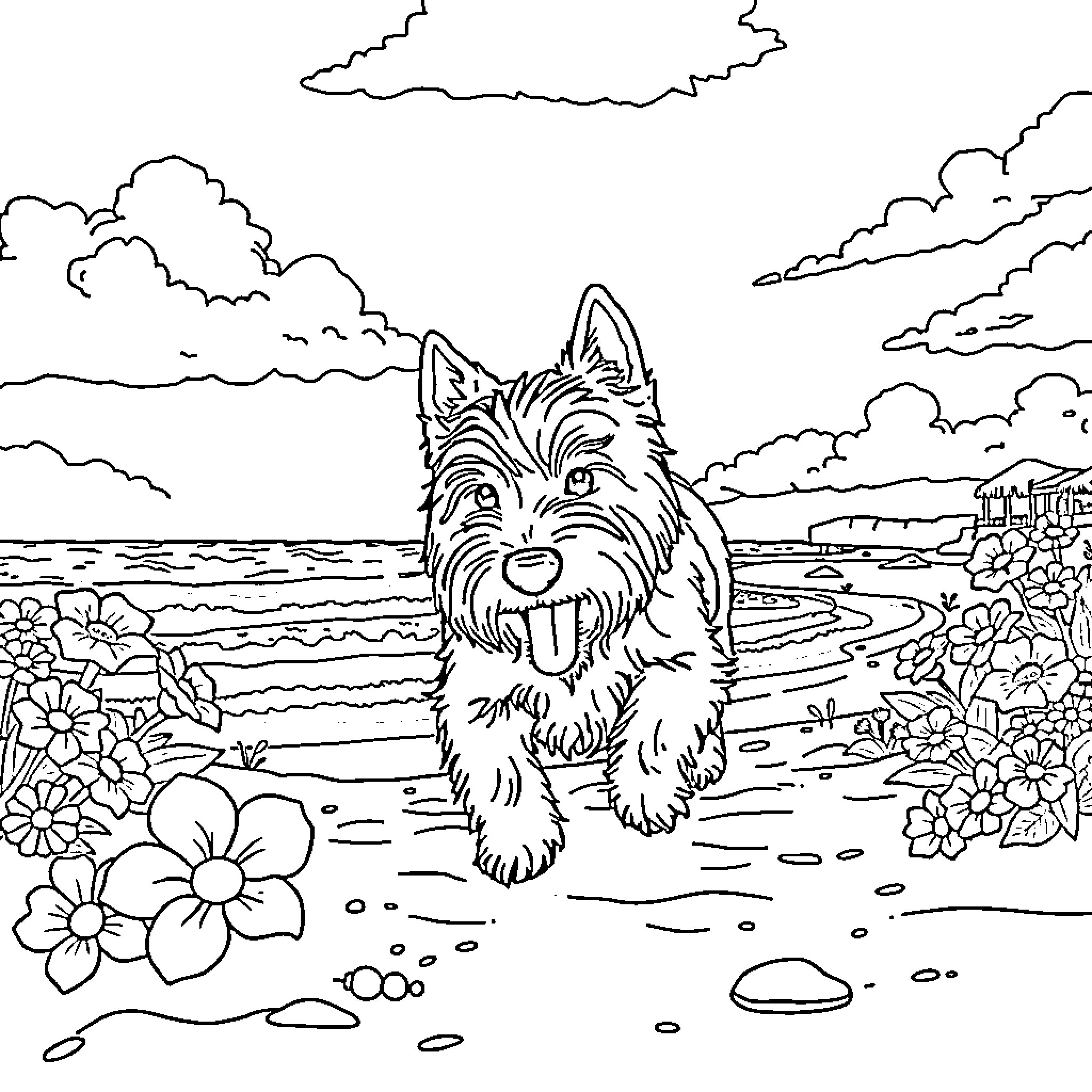 West Highland White Terrier exploring a scenic landscape Coloring Page (free black-and-white line drawing printable PDF for all, from beginners to advanced learners, including children, teens, adults, and seniors)