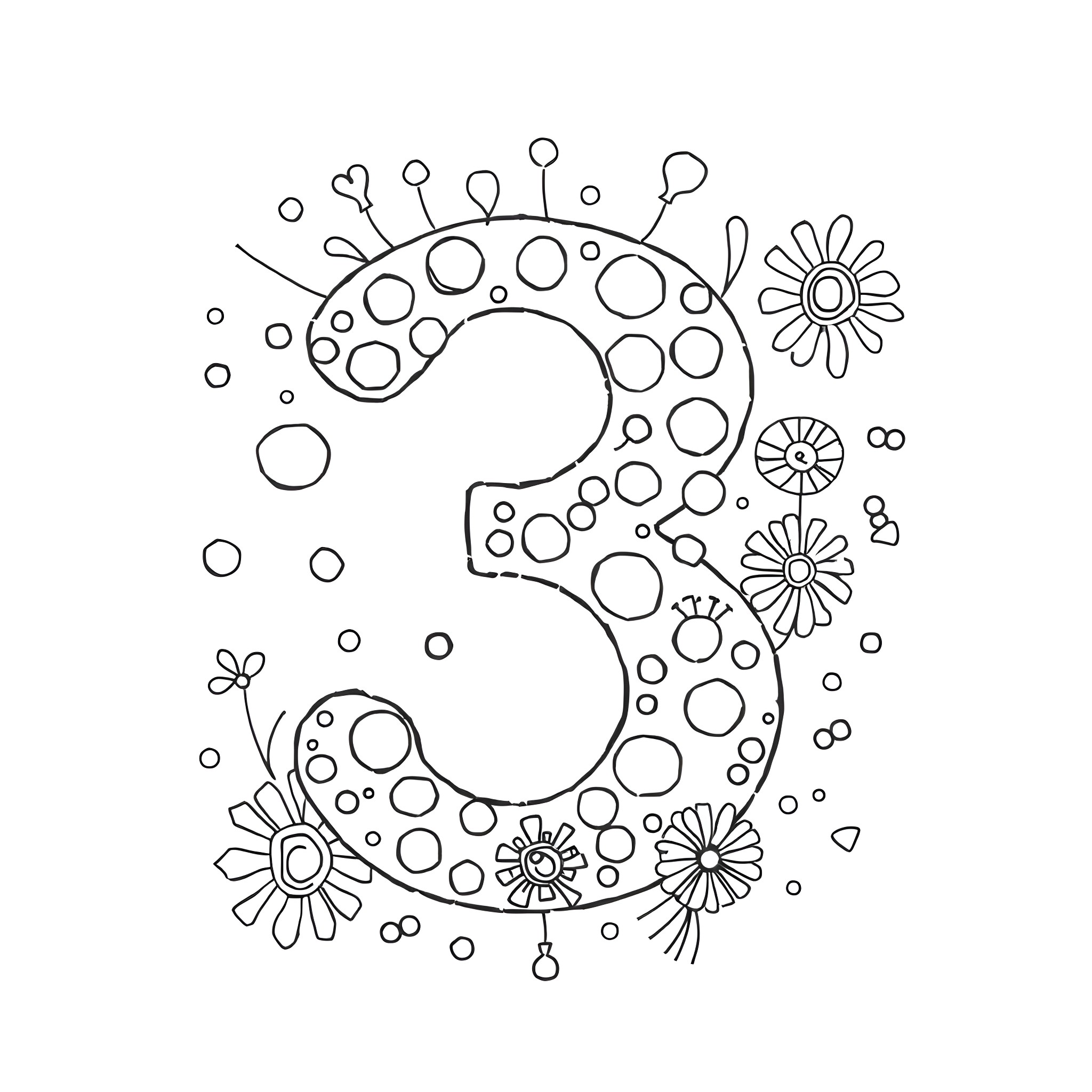 Number 3 with floral patterns and shapes Coloring Page (free black-and-white line drawing printable PDF for all, from beginners to advanced learners, including children, teens, adults, and seniors)