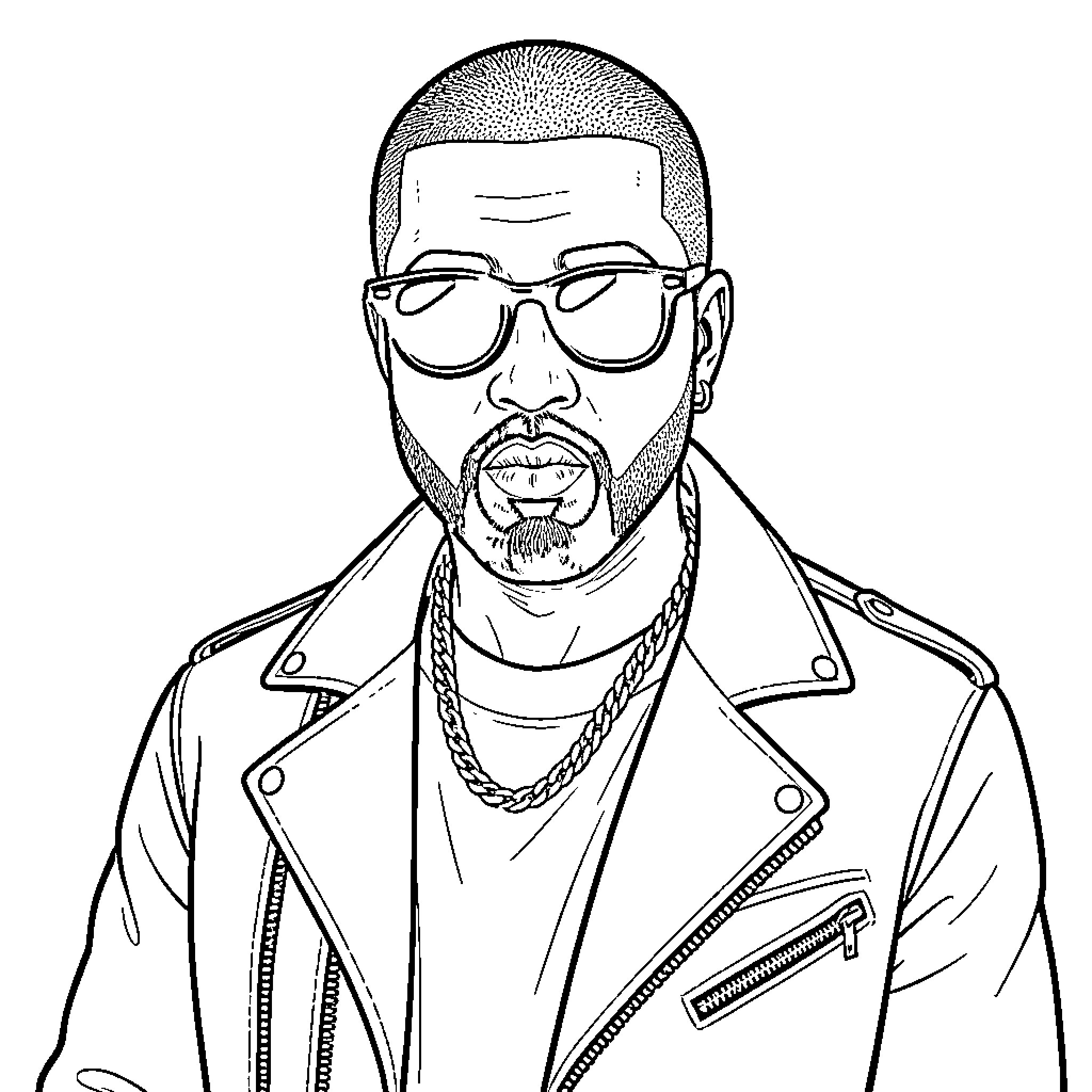 Kanye West in a stylish leather jacket Coloring Page (free black-and-white line drawing printable PDF for all, from beginners to advanced learners, including children, teens, adults, and seniors)