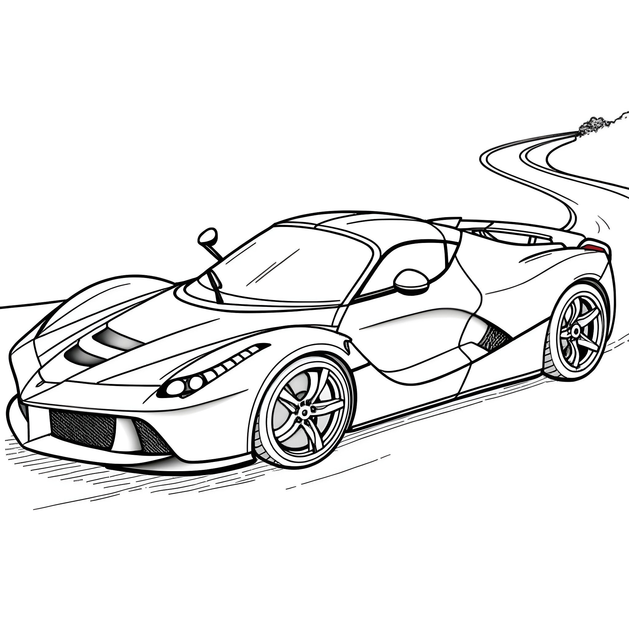 LaFerrari speeding along the winding road Coloring Page (free black-and-white line drawing printable PDF for all, from beginners to advanced learners, including children, teens, adults, and seniors)