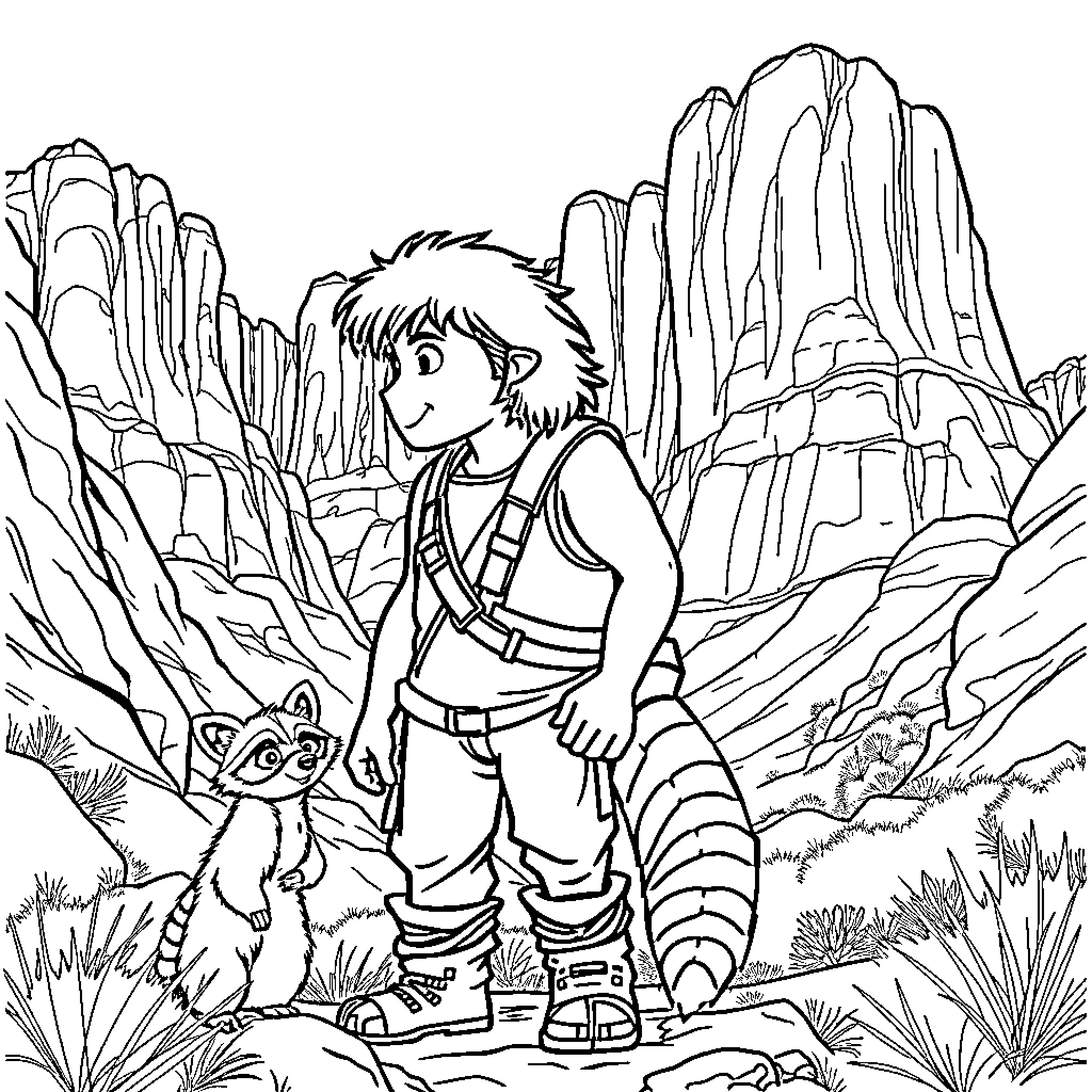 Rambo's Jungle Adventure with Raccoon Companion Coloring Page (free black-and-white line drawing printable PDF for all, from beginners to advanced learners, including children, teens, adults, and seniors)