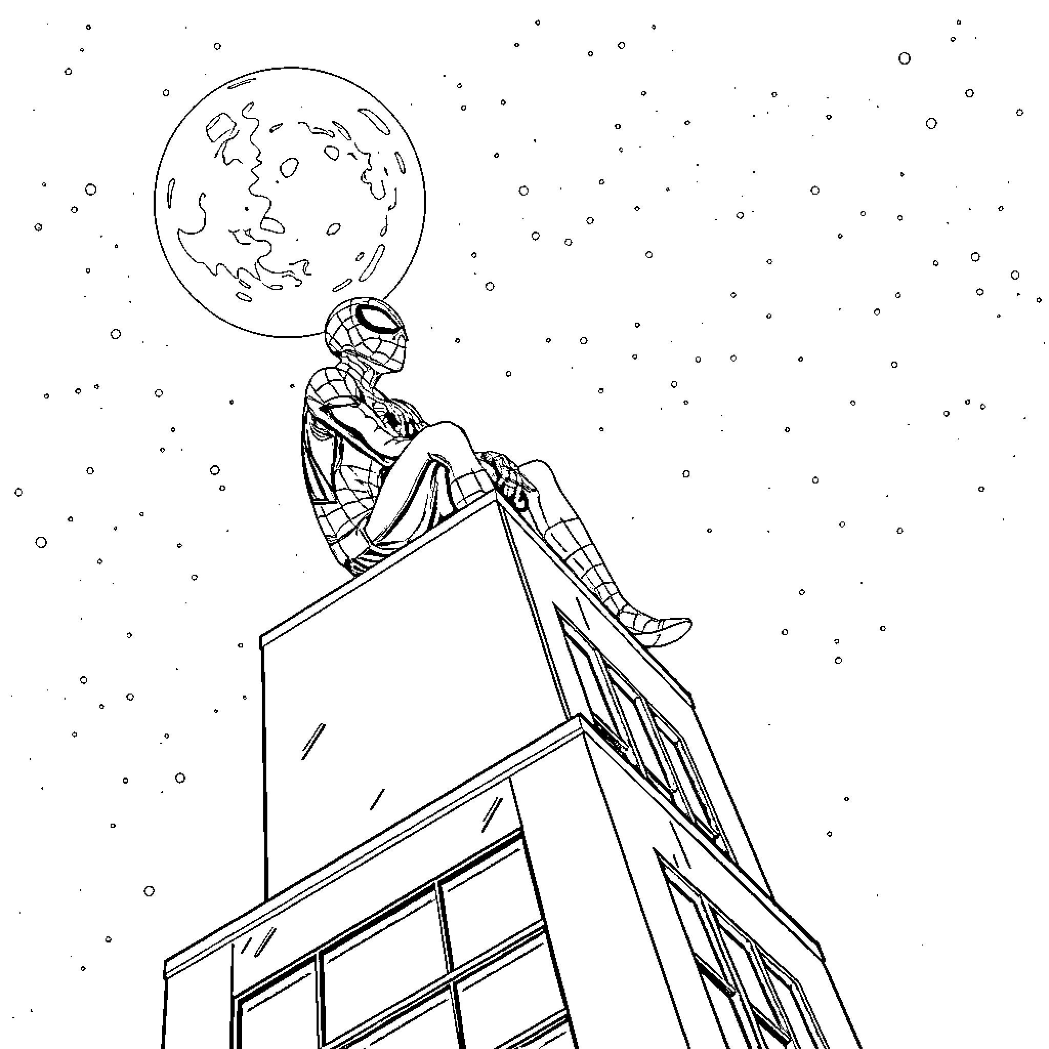 Spiderman contemplating the night sky Coloring Page (free black-and-white line drawing printable PDF for all, from beginners to advanced learners, including children, teens, adults, and seniors)