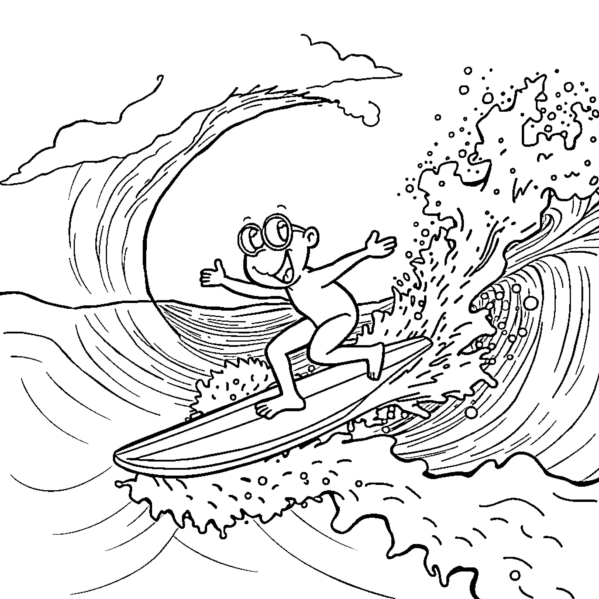 Bluey surfing through a giant wave Coloring Page (free black-and-white line drawing printable PDF for all, from beginners to advanced learners, including children, teens, adults, and seniors)