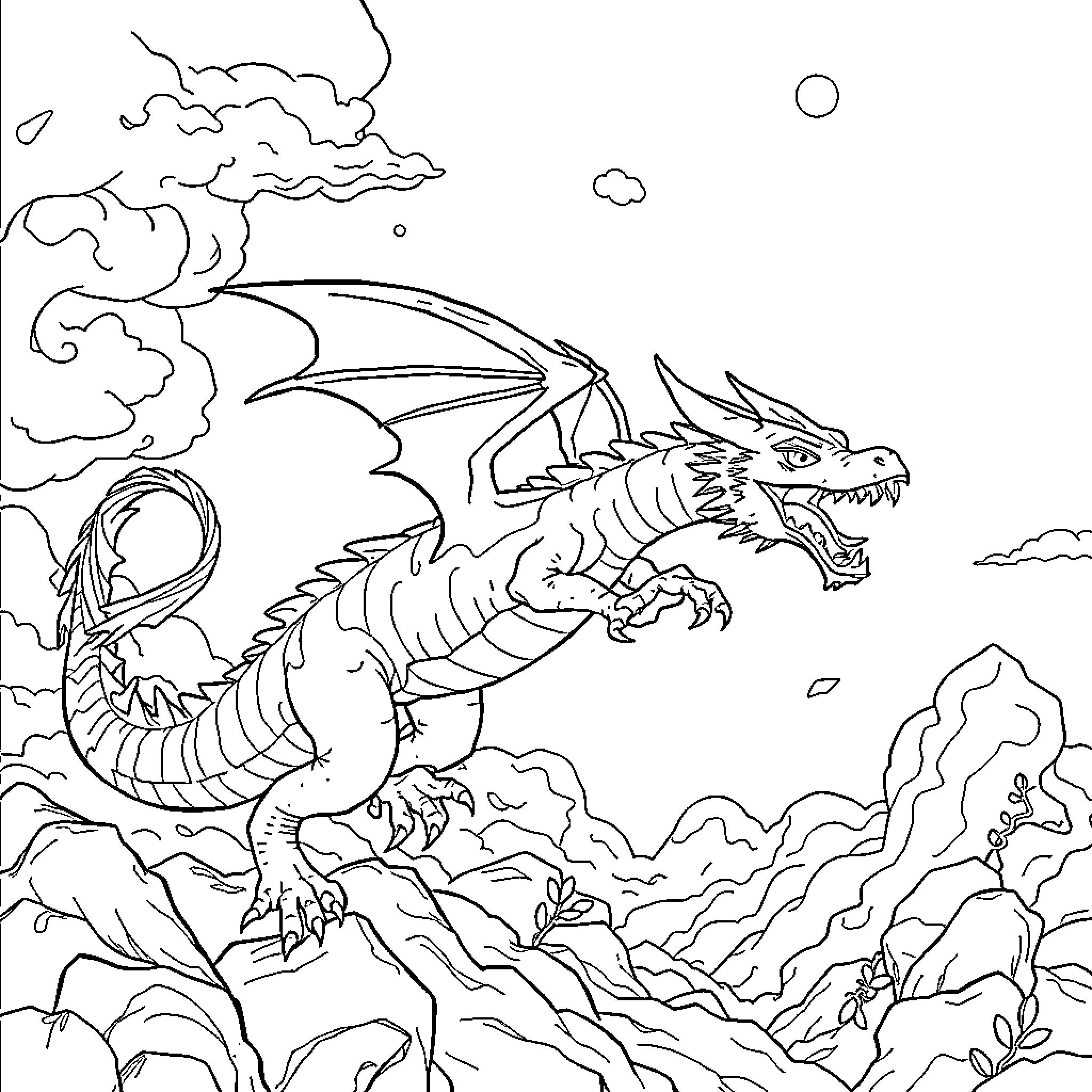 Dragon flying fiercely through the cloudy sky Coloring Page (free black-and-white line drawing printable PDF for all, from beginners to advanced learners, including children, teens, adults, and seniors)