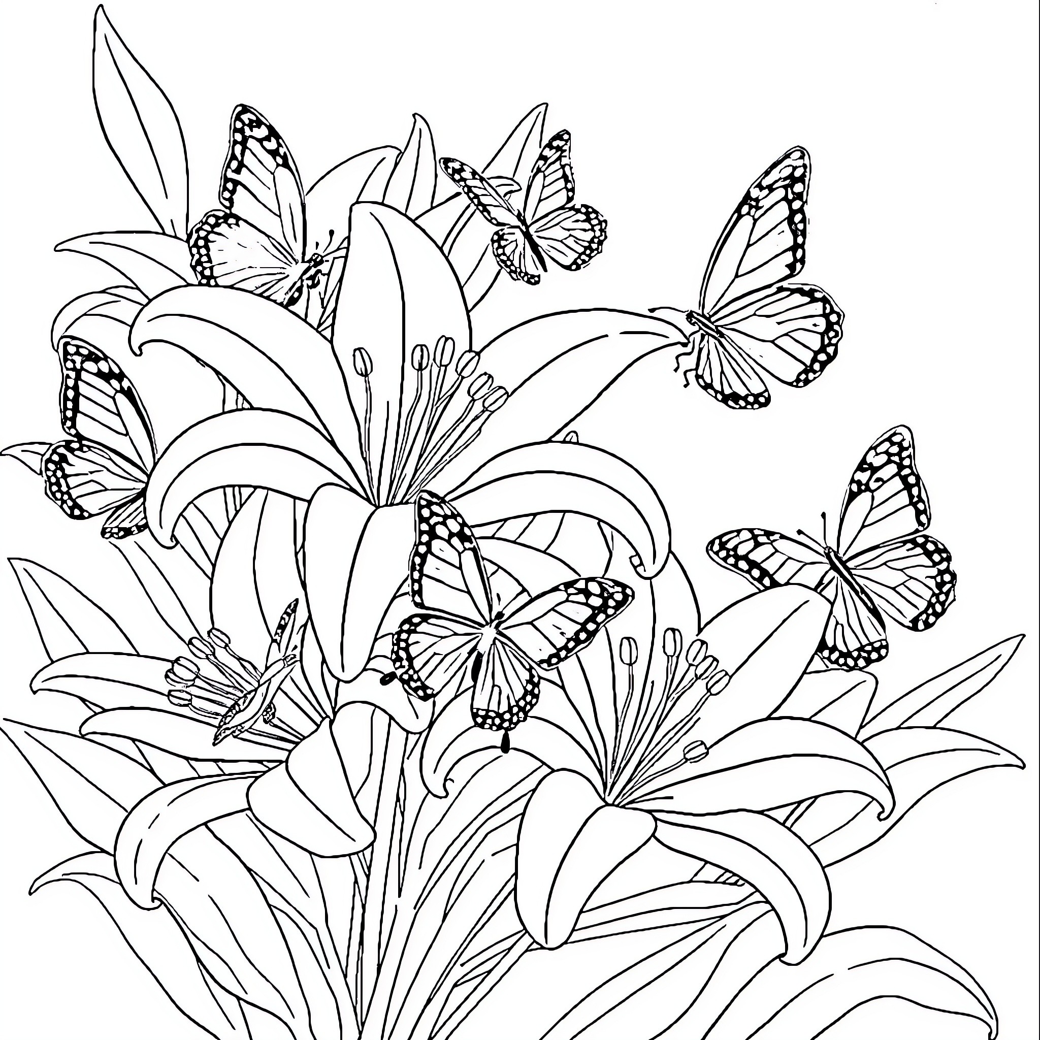 Butterfly garden with flowers and butterflies Coloring Page (free black-and-white line drawing printable PDF for all, from beginners to advanced learners, including children, teens, adults, and seniors)