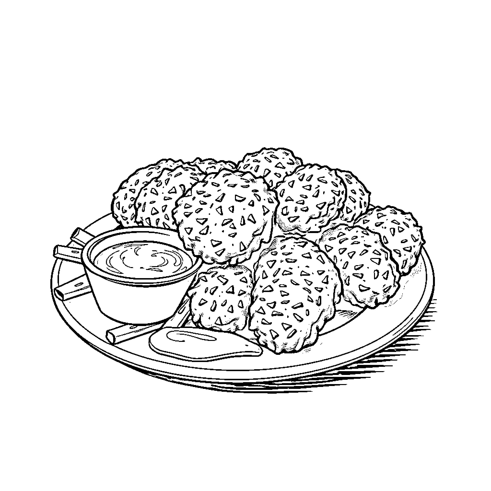 Chicken Nuggets with Dipping Sauce Coloring Page (free black-and-white line drawing printable PDF for all, from beginners to advanced learners, including children, teens, adults, and seniors)