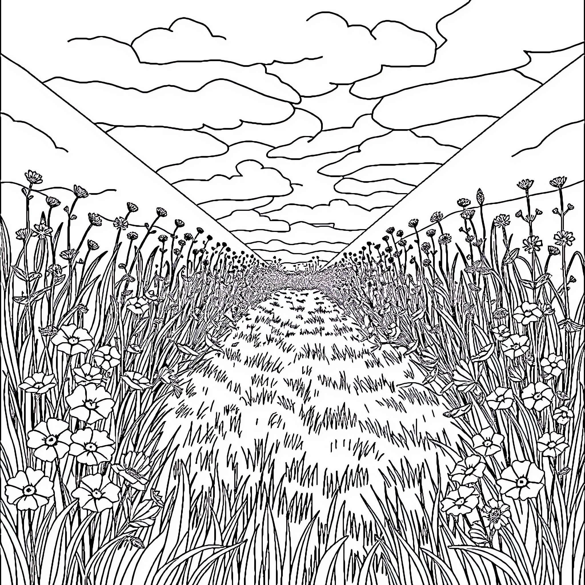 Hall of Flowers and Cloudy Skies Coloring Page (free black-and-white line drawing printable PDF for all, from beginners to advanced learners, including children, teens, adults, and seniors)