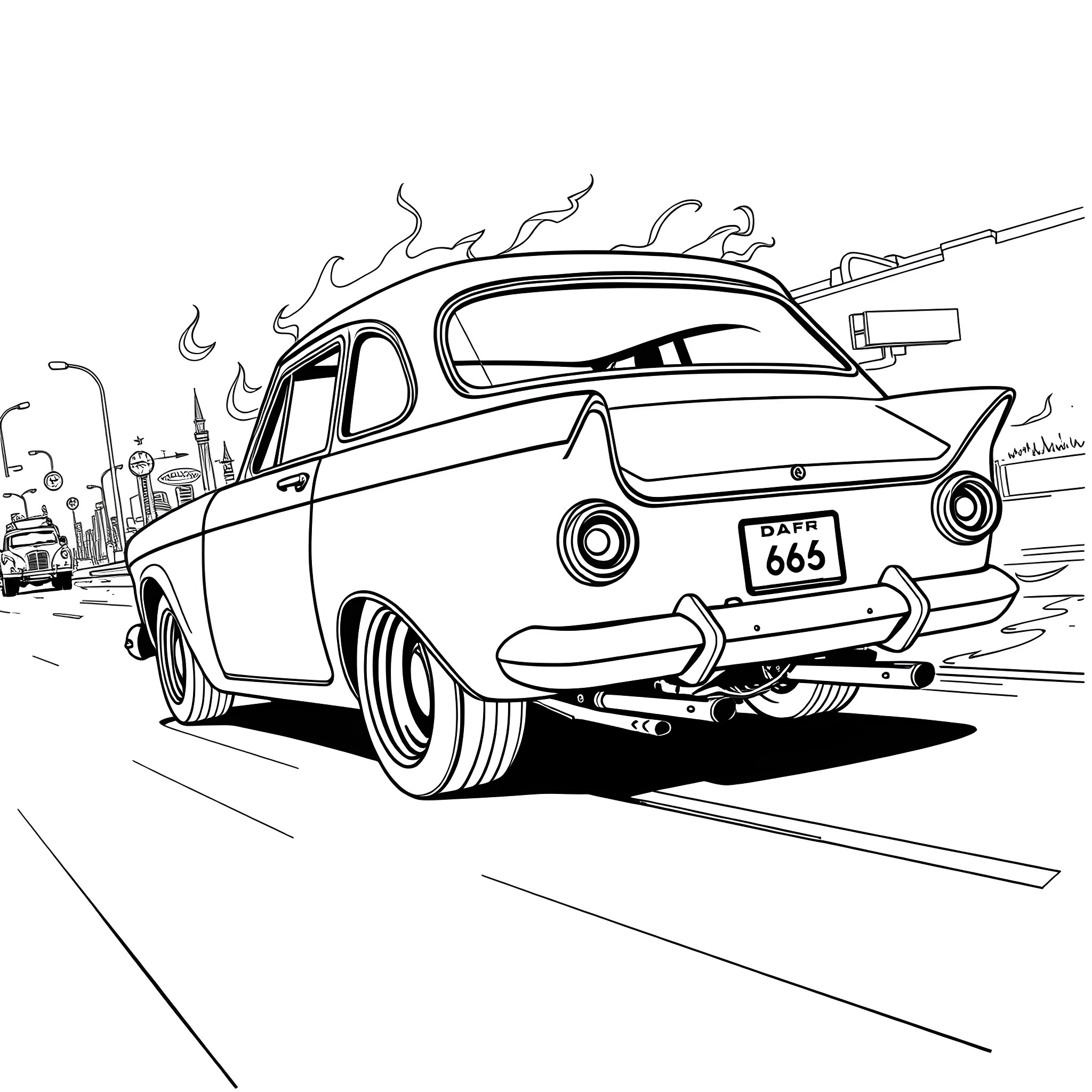 Daf 66 - Vintage Hot Rod Speeding in the City Coloring Page (free black-and-white line drawing printable PDF for all, from beginners to advanced learners, including children, teens, adults, and seniors)