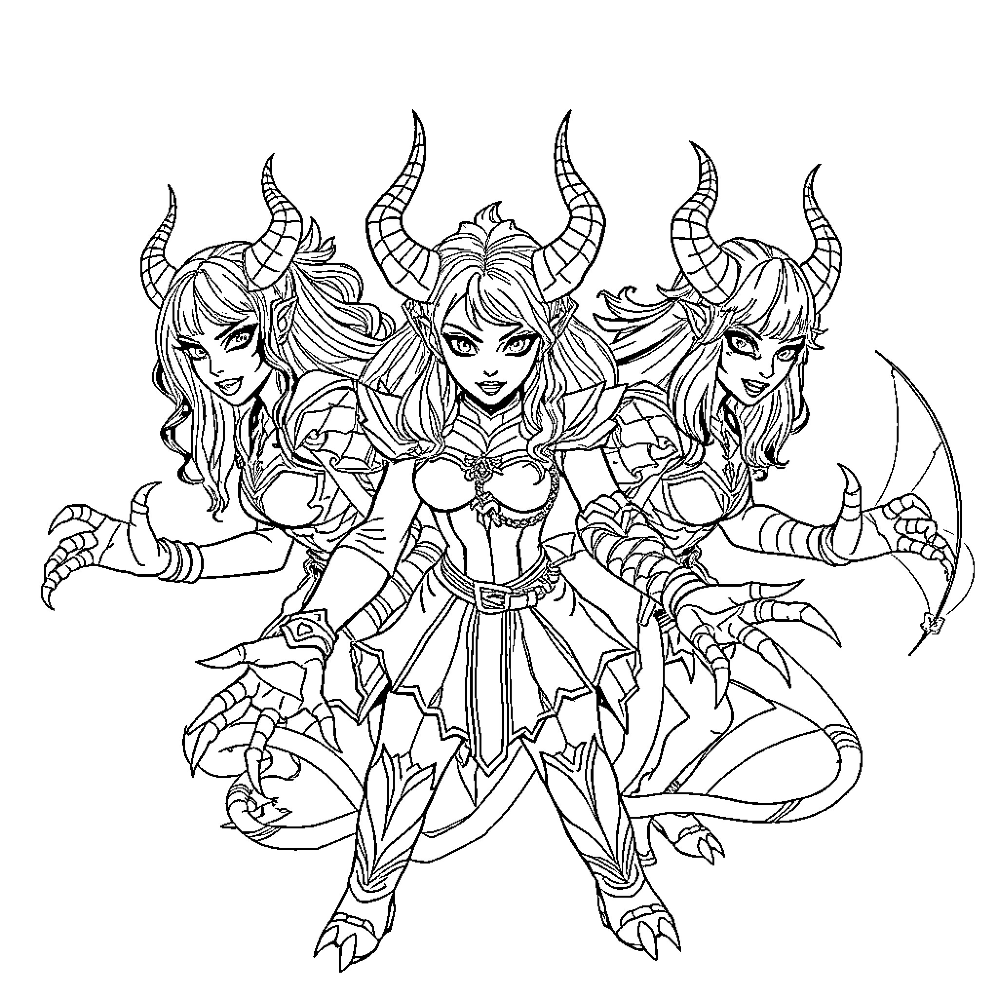 Demon Huntresses in Battle-Ready Attire Coloring Page (free black-and-white line drawing printable PDF for all, from beginners to advanced learners, including children, teens, adults, and seniors)