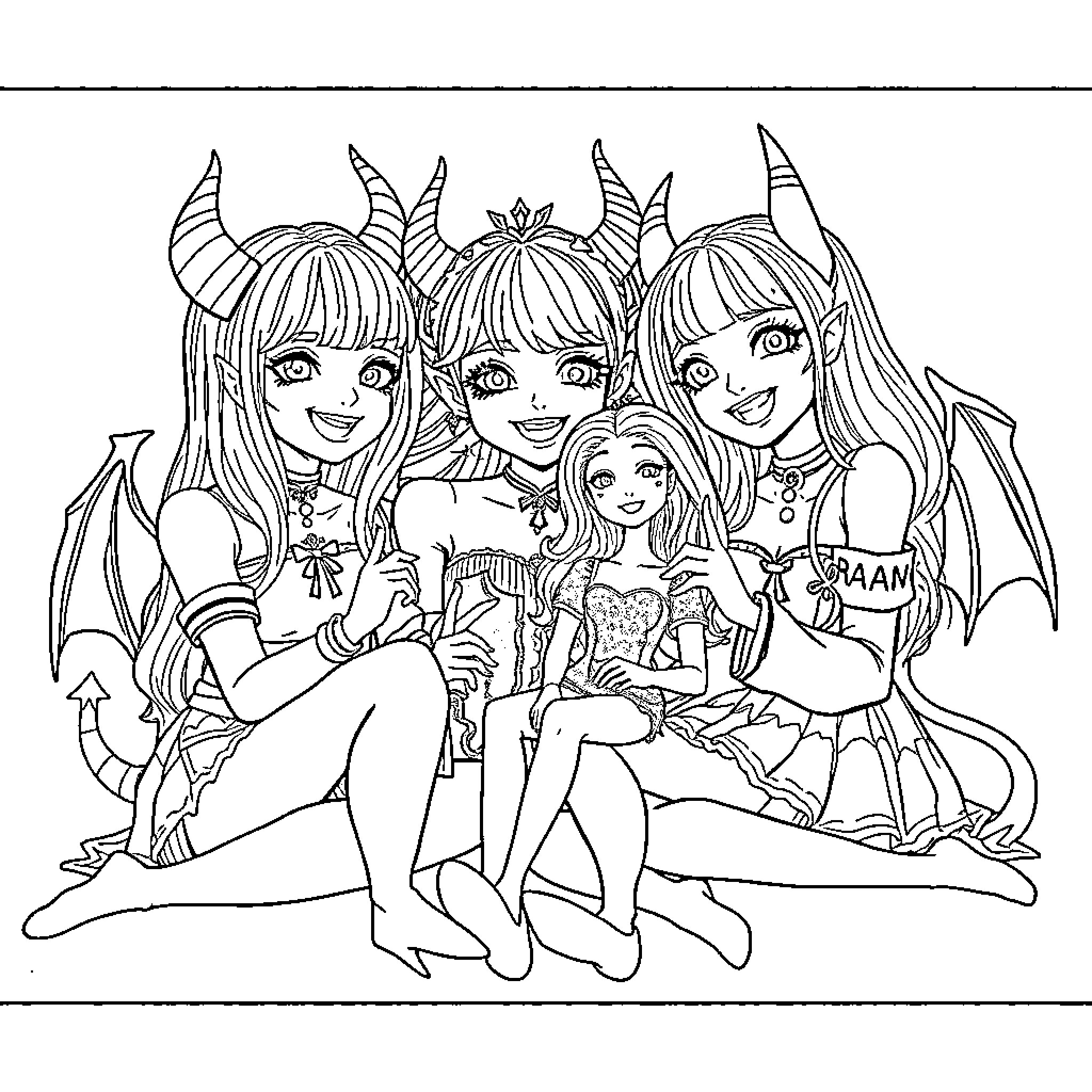 Demon Girls in Playful and Whimsical Outfits Coloring Page (free black-and-white line drawing printable PDF for all, from beginners to advanced learners, including children, teens, adults, and seniors)