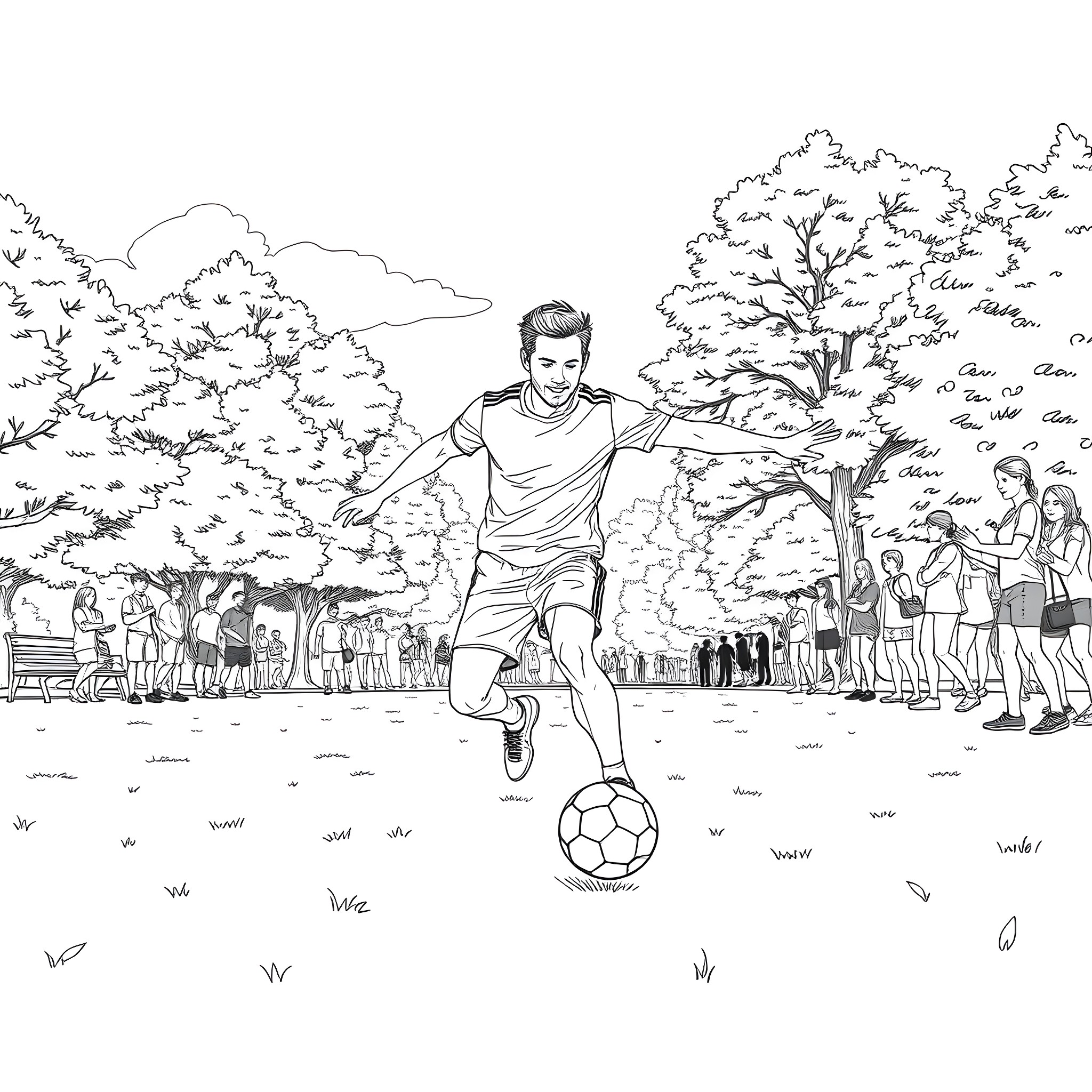 Taylor Lautner playing soccer in the park Coloring Page (free black-and-white line drawing printable PDF for all, from beginners to advanced learners, including children, teens, adults, and seniors)