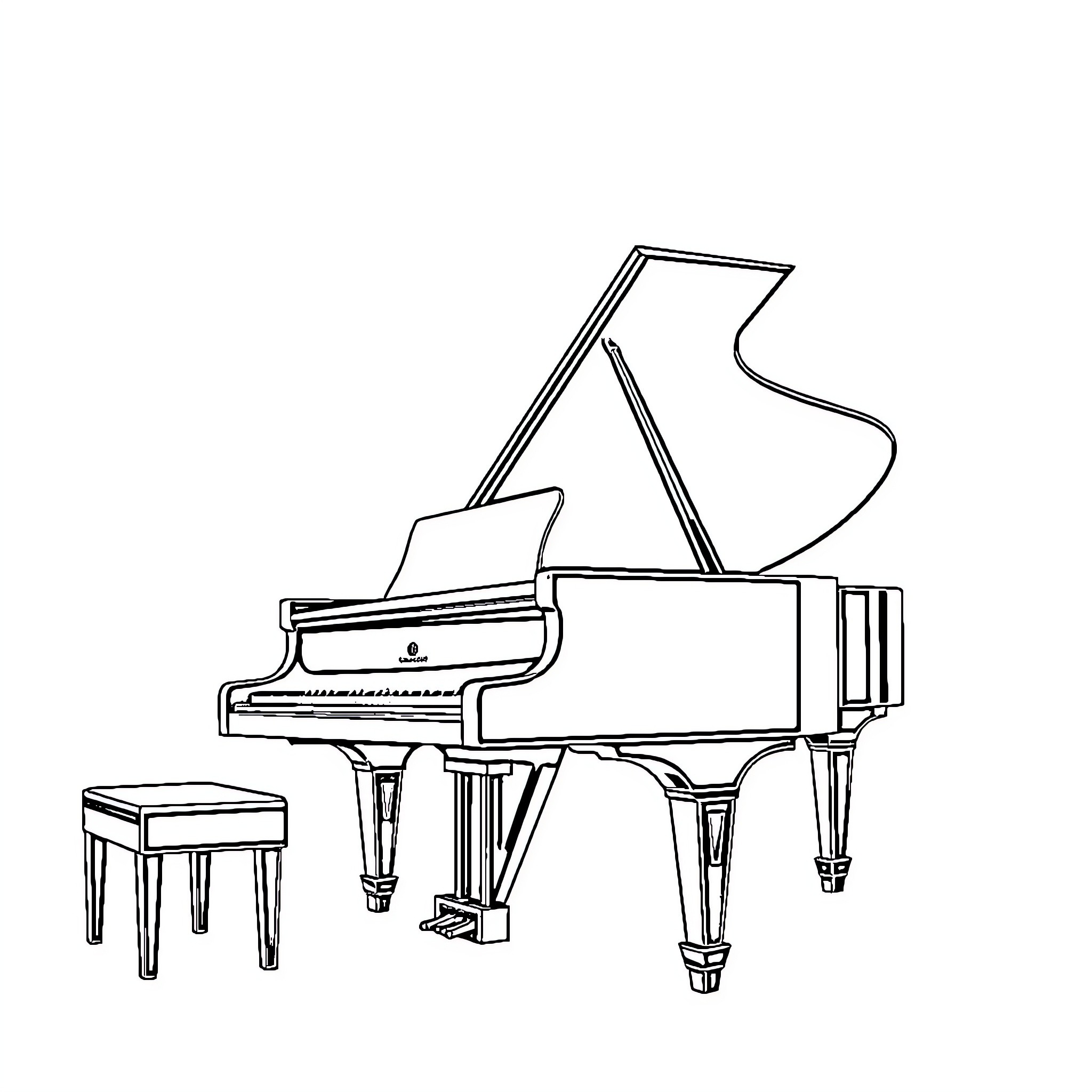 Piano on stage with bench Coloring Page (free black-and-white line drawing printable PDF for all, from beginners to advanced learners, including children, teens, adults, and seniors)