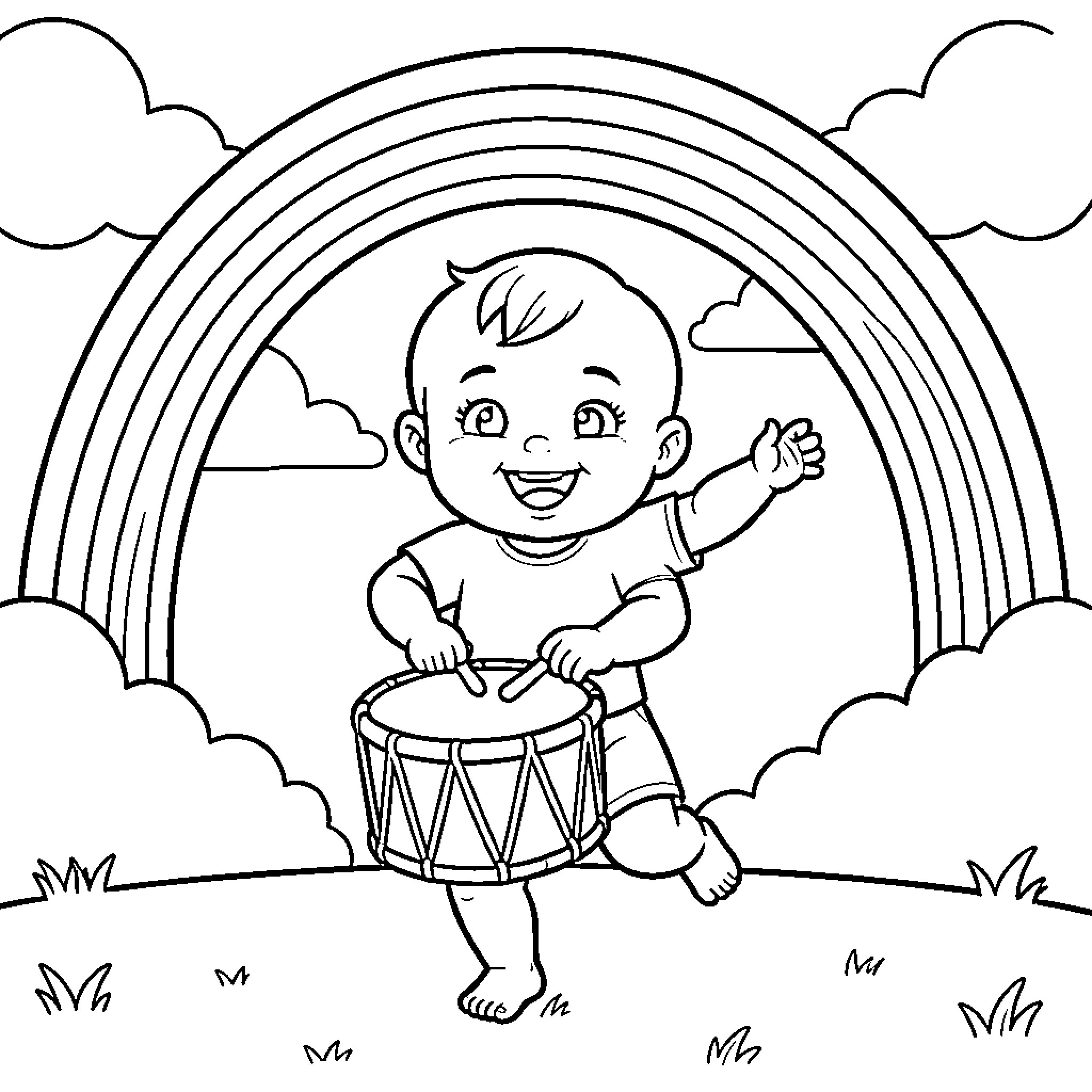 Bebe drumming joyfully under the rainbow Coloring Page (free black-and-white line drawing printable PDF for all, from beginners to advanced learners, including children, teens, adults, and seniors)