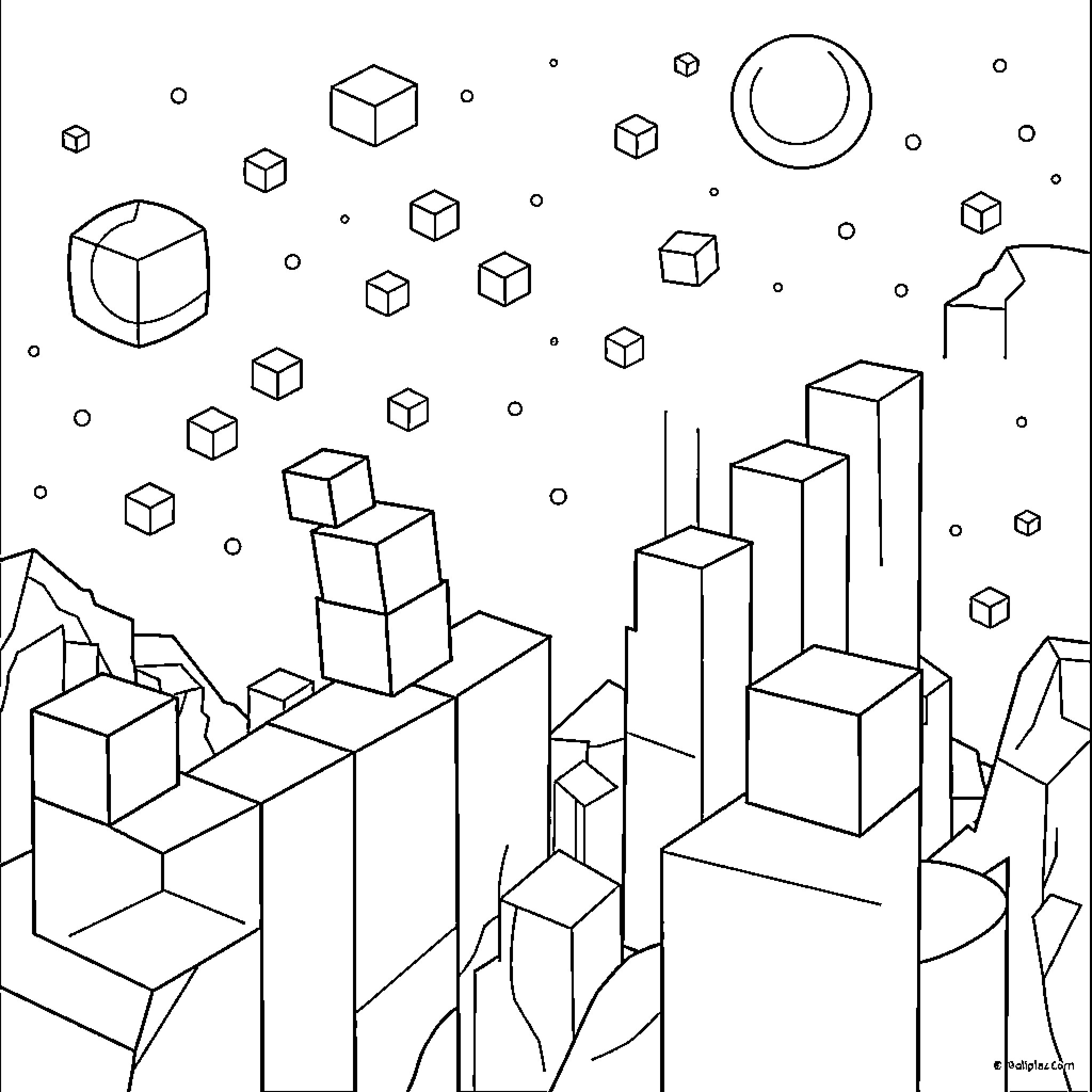 Geometry Dash: Abstract Architectural Exploration Coloring Page (free black-and-white line drawing printable PDF for all, from beginners to advanced learners, including children, teens, adults, and seniors)