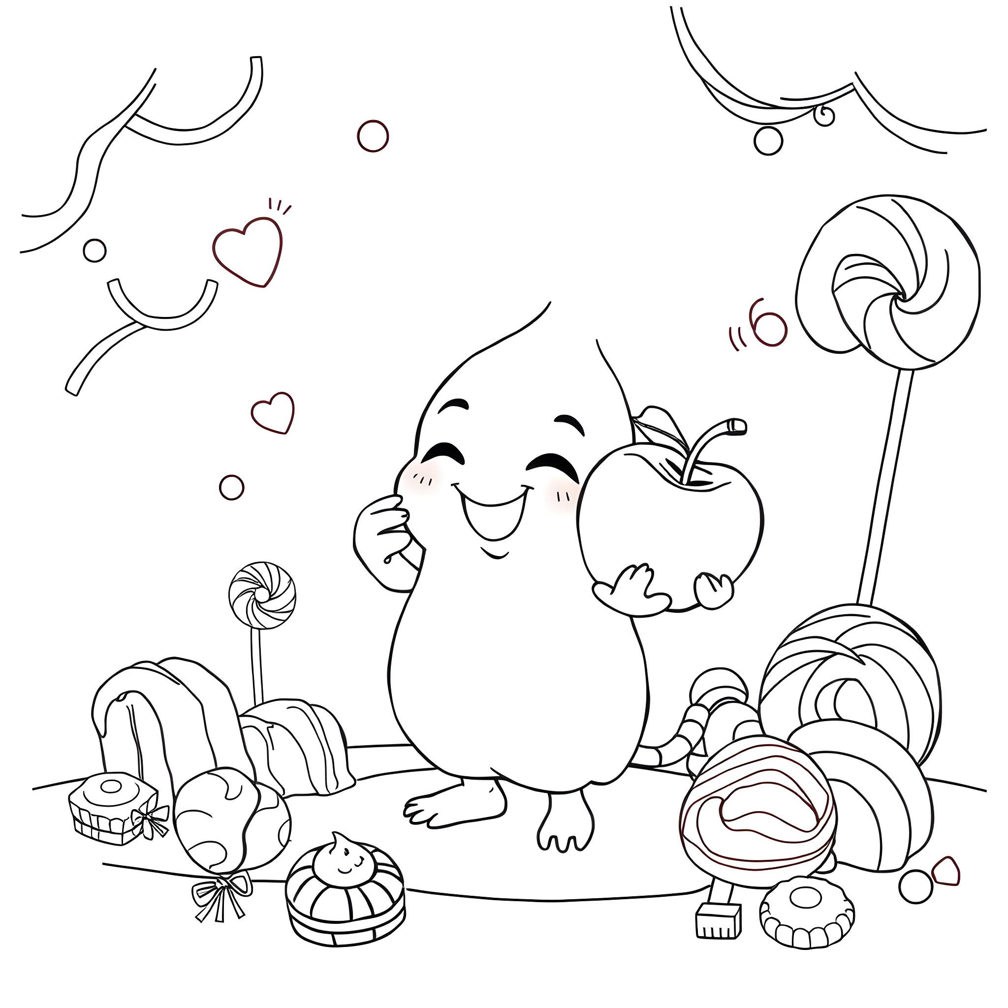 Man enjoying whimsical candyland scene with sweets Coloring Page (free black-and-white line drawing printable PDF for all, from beginners to advanced learners, including children, teens, adults, and seniors)