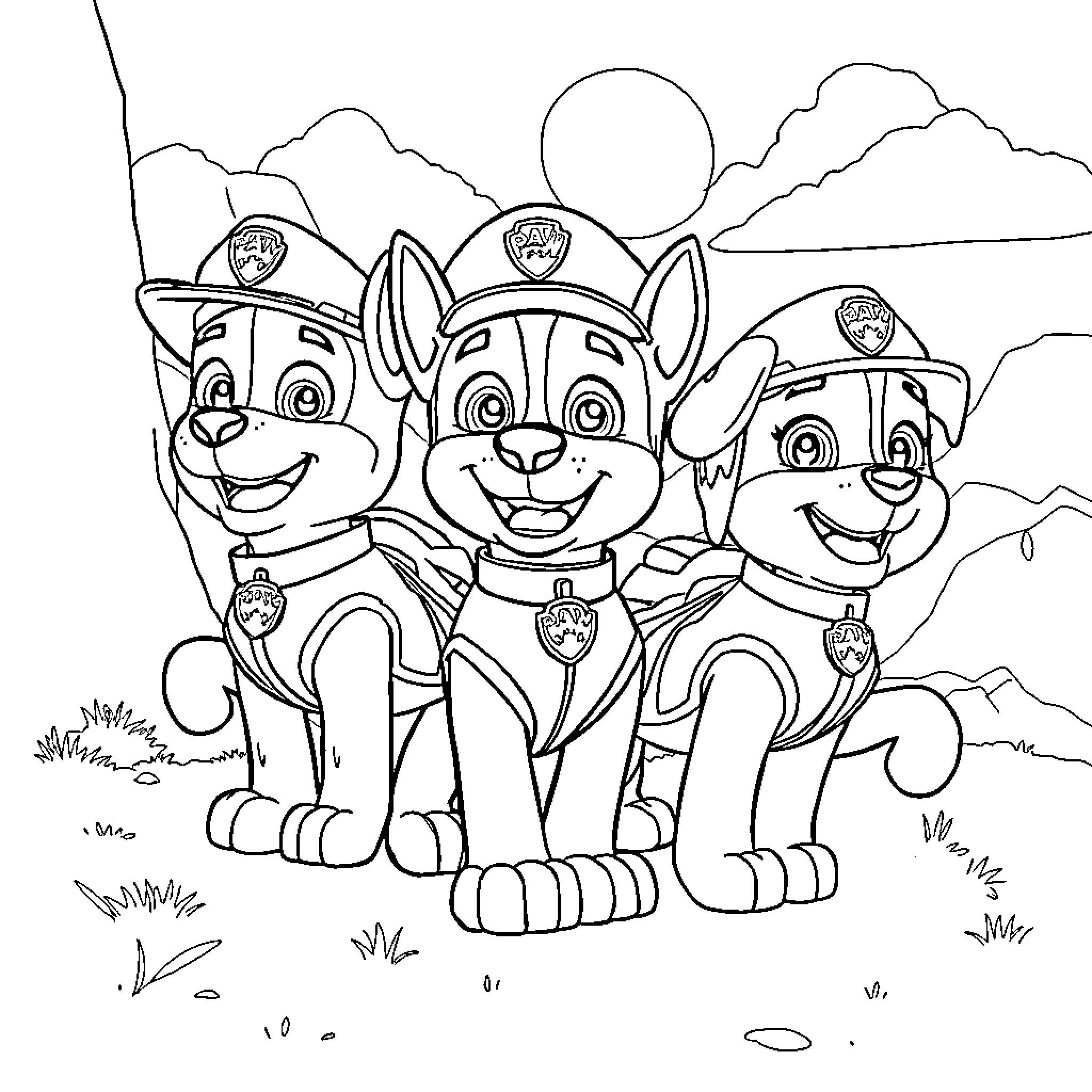 Paw Patrol Pups on an Adventure Coloring Page (free black-and-white line drawing printable PDF for all, from beginners to advanced learners, including children, teens, adults, and seniors)