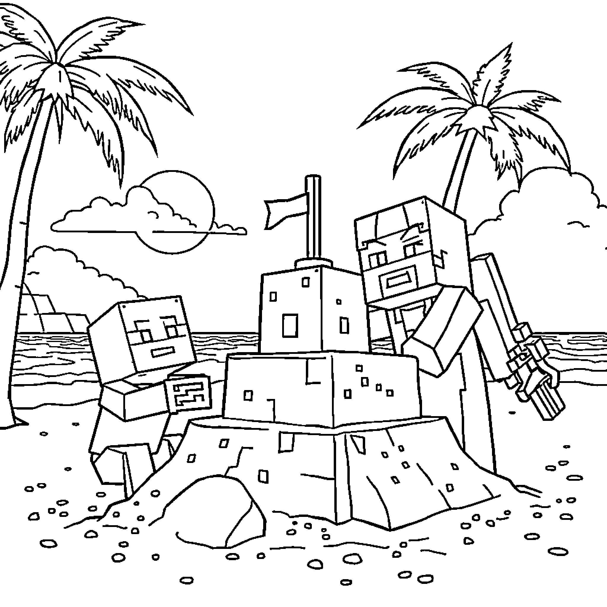 Minecraft characters exploring tropical island scene Coloring Page (free black-and-white line drawing printable PDF for all, from beginners to advanced learners, including children, teens, adults, and seniors)