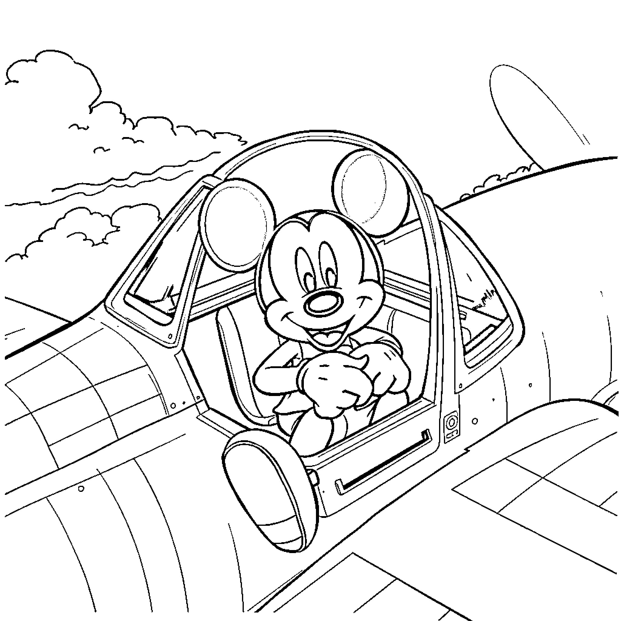 Mickey Mouse piloting a plane with a friend Coloring Page (free black-and-white line drawing printable PDF for all, from beginners to advanced learners, including children, teens, adults, and seniors)