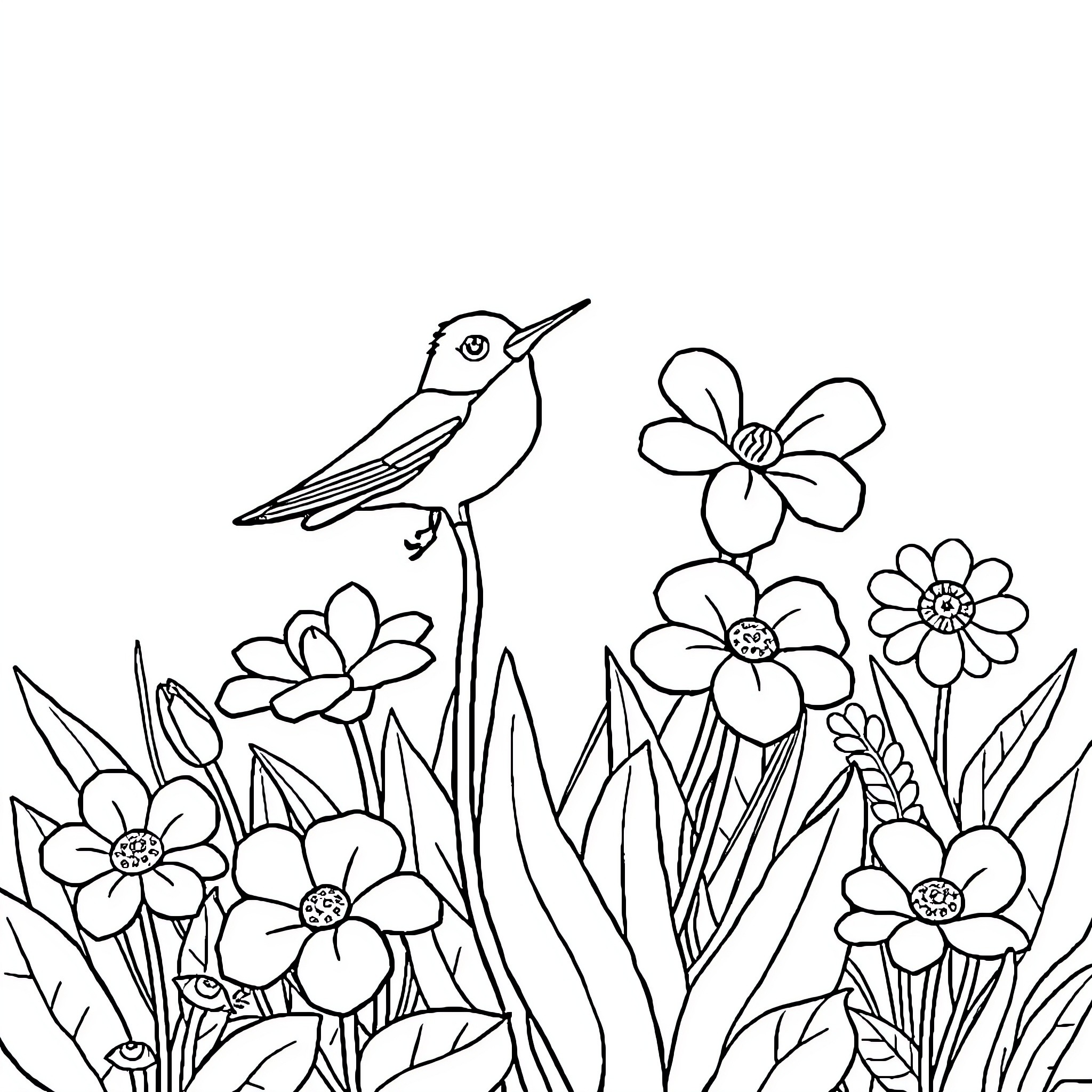 Ladybug among blooming flowers and foliage Coloring Page (free black-and-white line drawing printable PDF for all, from beginners to advanced learners, including children, teens, adults, and seniors)