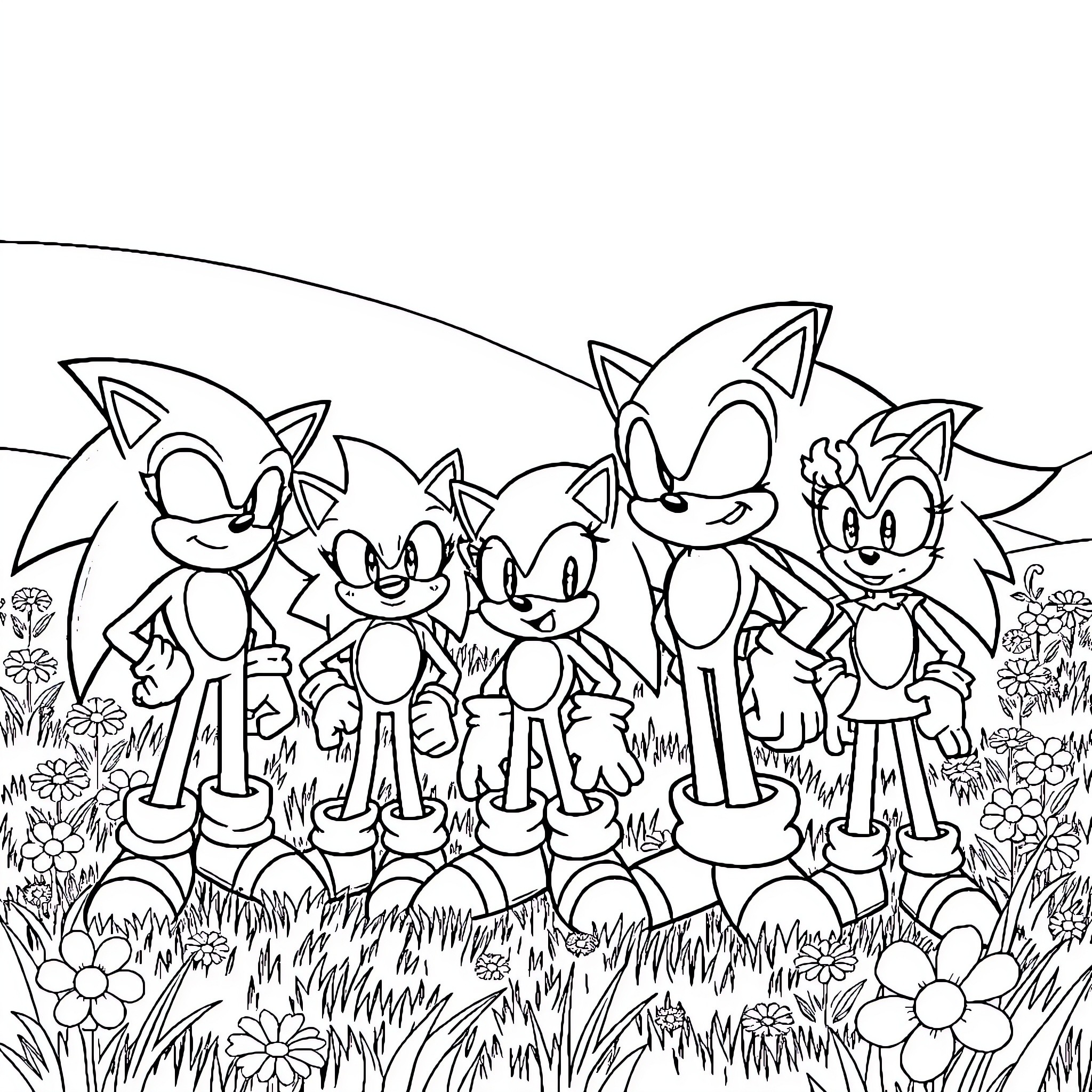 Sonic characters in a natural environment Coloring Page (free black-and-white line drawing printable PDF for all, from beginners to advanced learners, including children, teens, adults, and seniors)