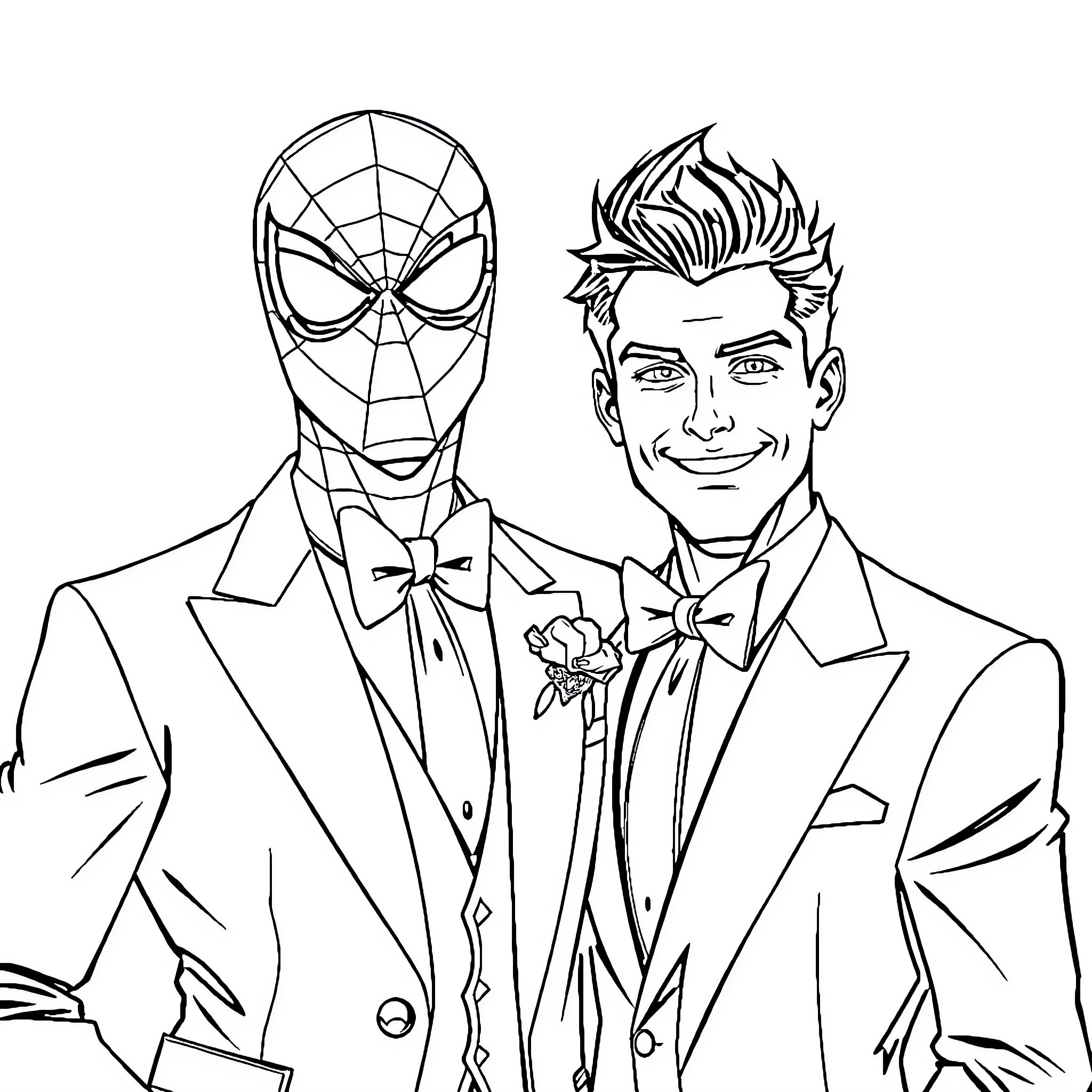 Spiderman and his Dapper Companion Coloring Page (free black-and-white line drawing printable PDF for all, from beginners to advanced learners, including children, teens, adults, and seniors)