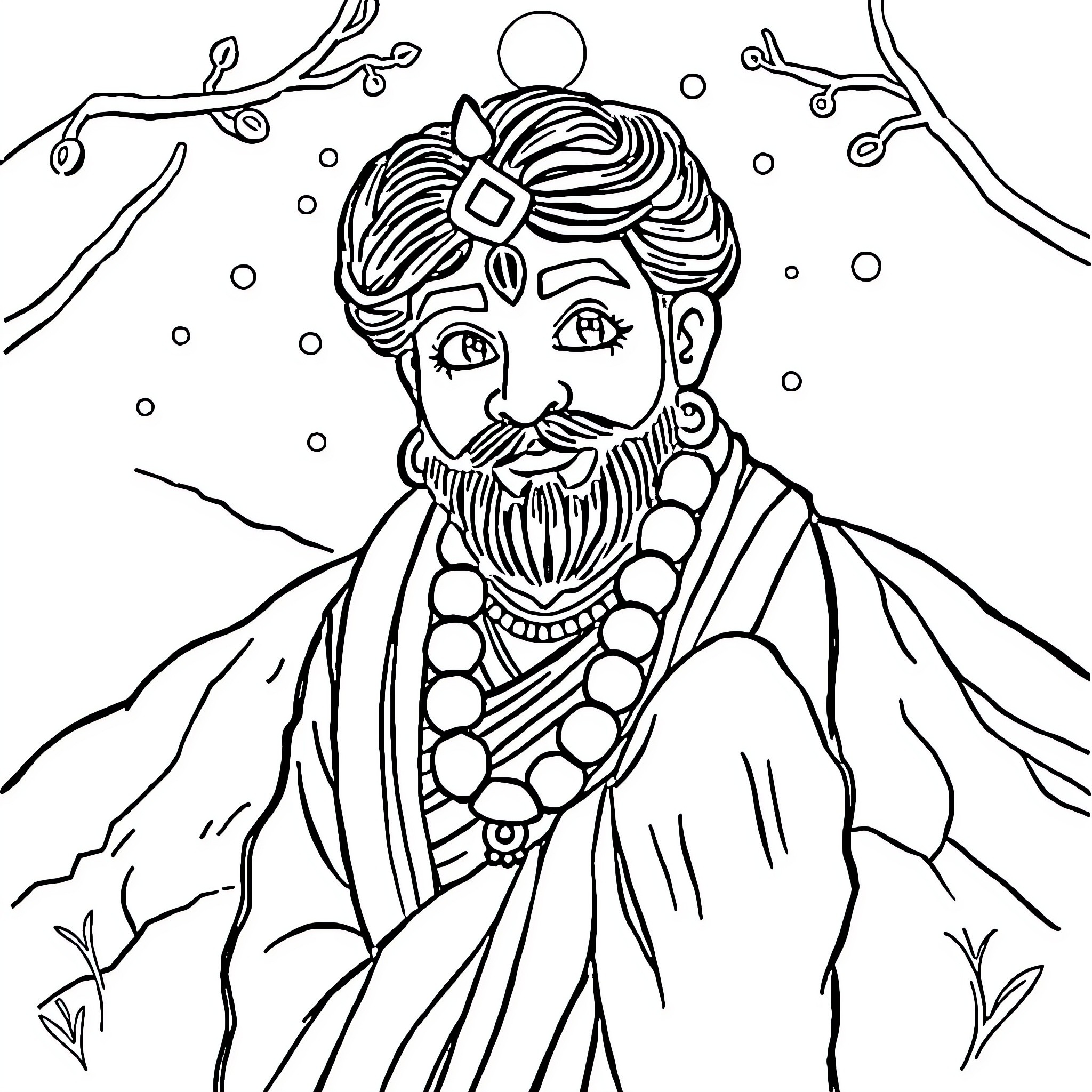 Man in traditional attire amid nature Coloring Page (free black-and-white line drawing printable PDF for all, from beginners to advanced learners, including children, teens, adults, and seniors)