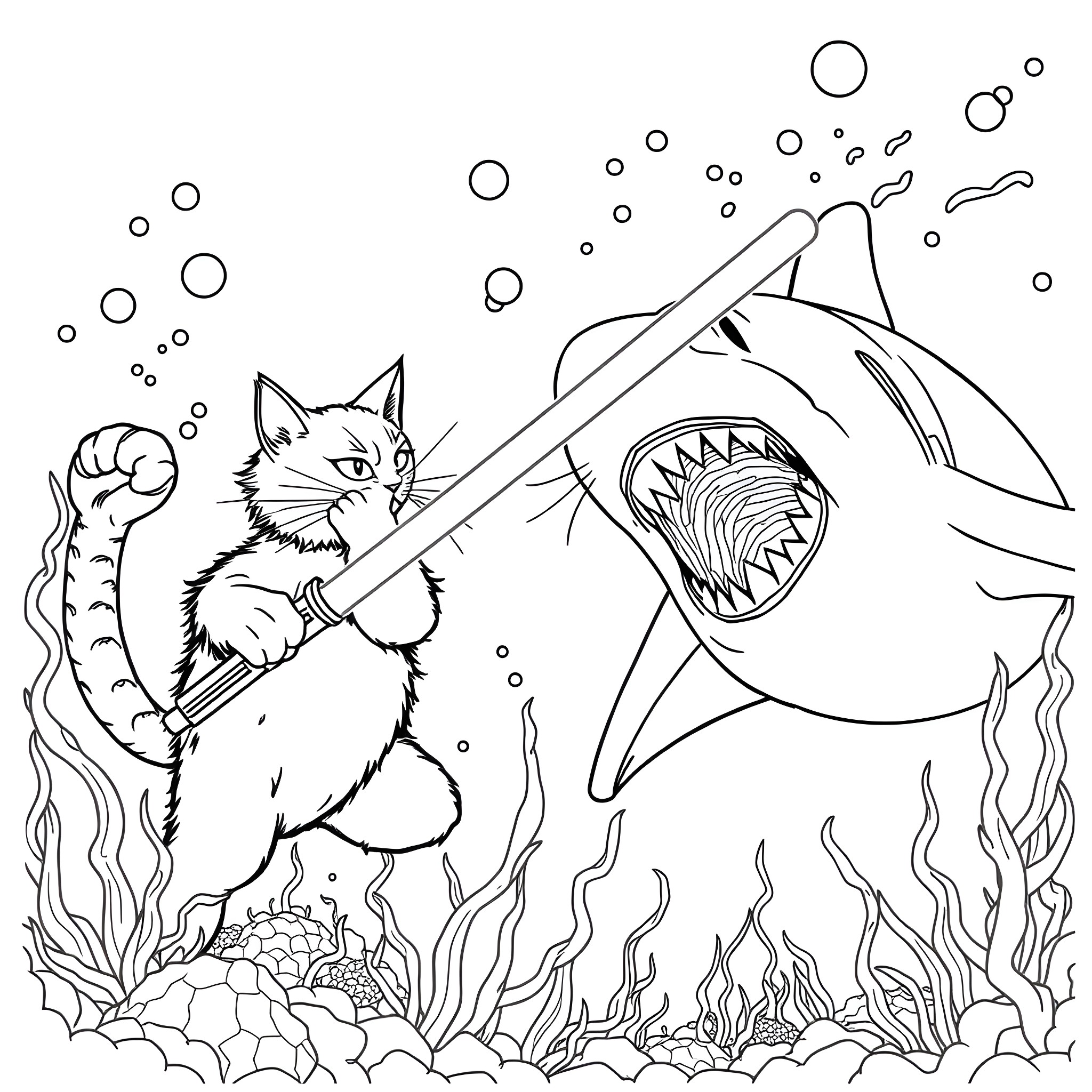 Cat battling a fearsome shark underwater Coloring Page (free black-and-white line drawing printable PDF for all, from beginners to advanced learners, including children, teens, adults, and seniors)