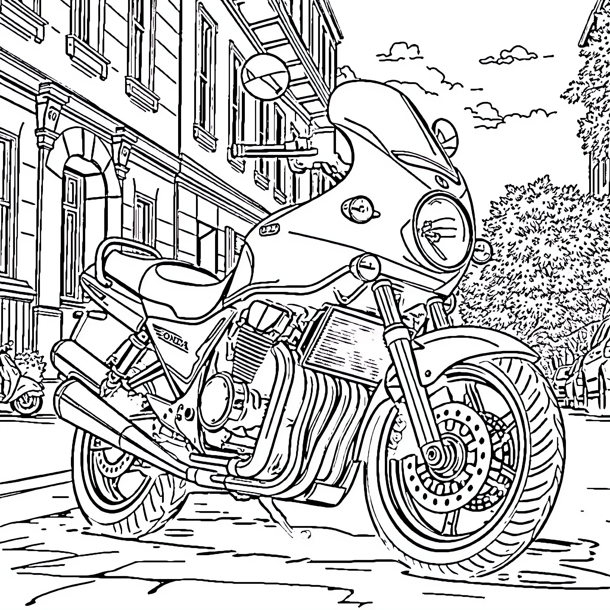 Honda motorcycle parked on a street Coloring Page (free black-and-white line drawing printable PDF for all, from beginners to advanced learners, including children, teens, adults, and seniors)