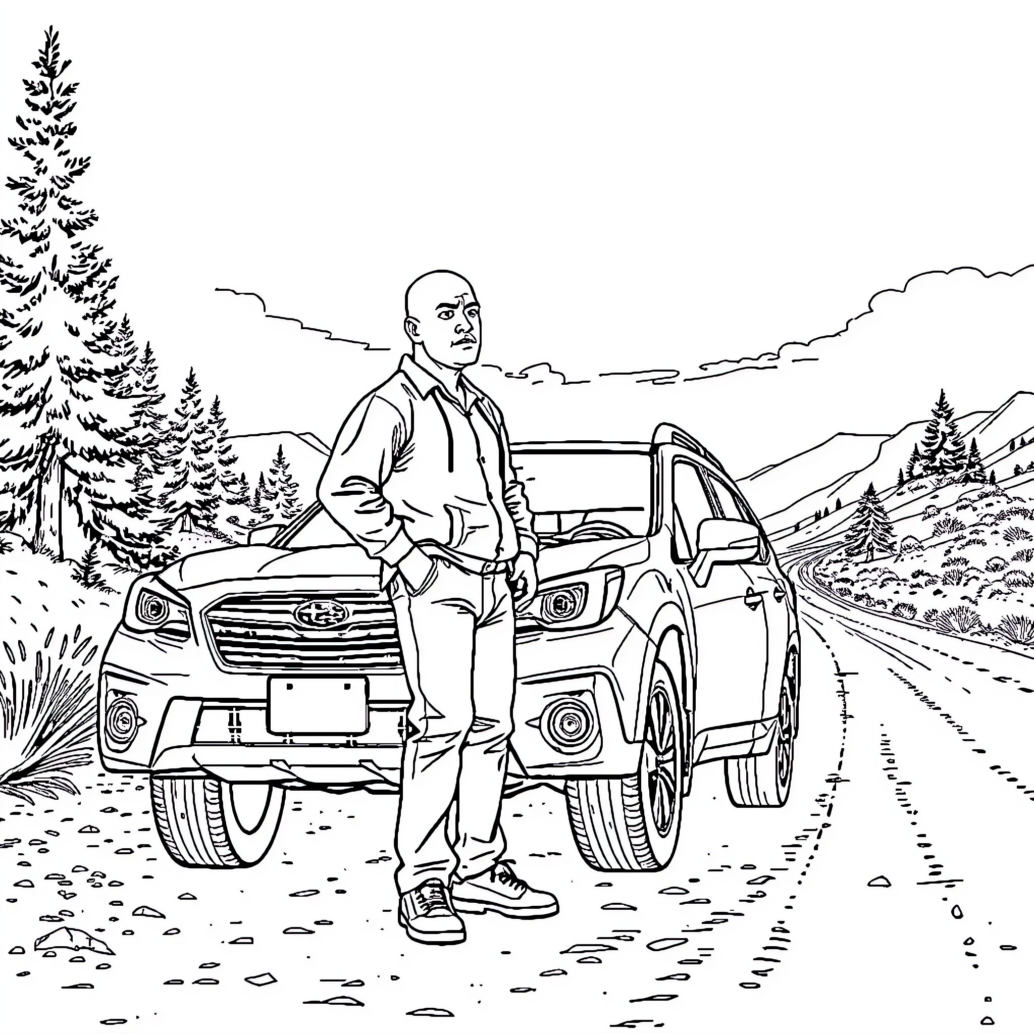 Man examining his vehicle in the countryside Coloring Page (free black-and-white line drawing printable PDF for all, from beginners to advanced learners, including children, teens, adults, and seniors)