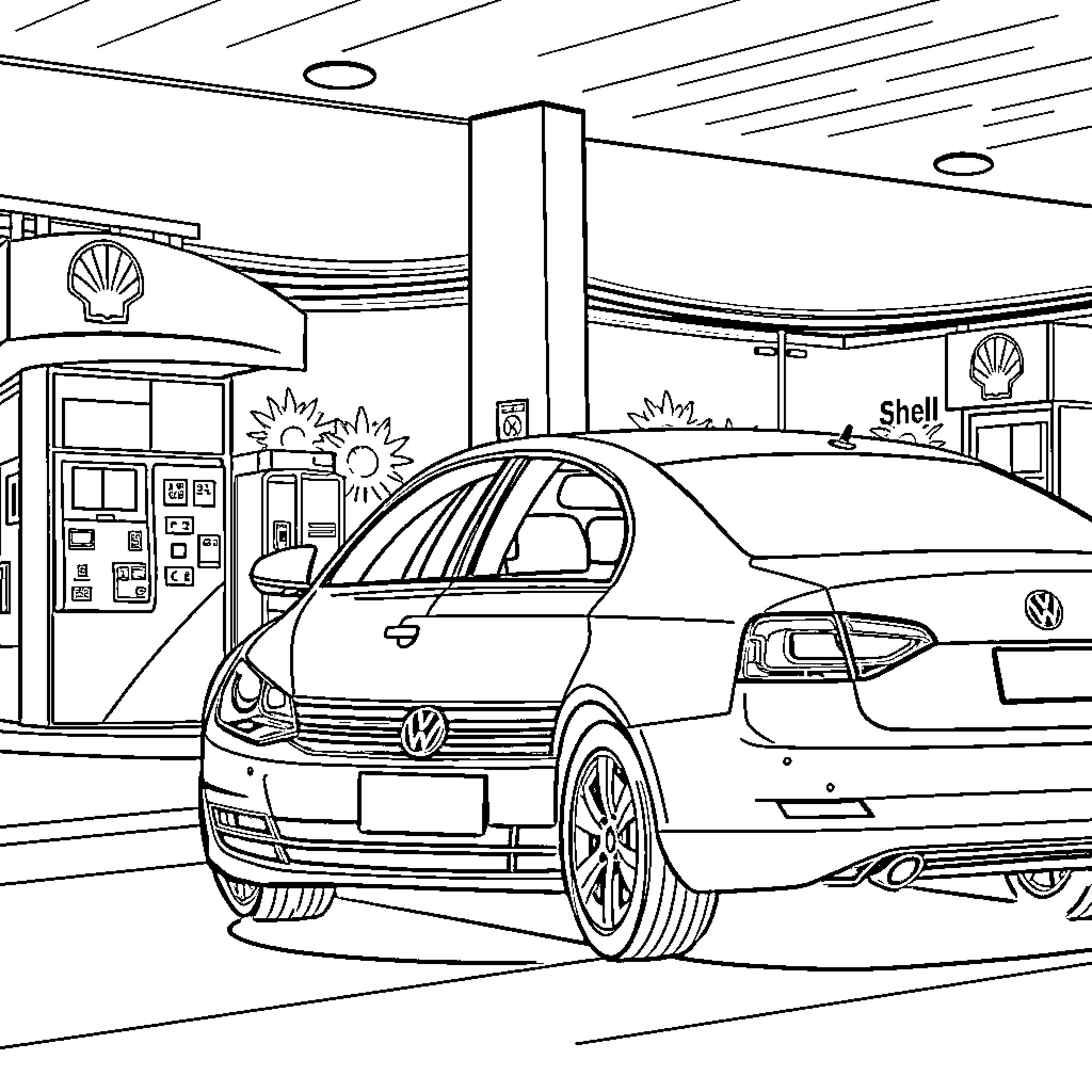 VW Passat at a gas station Coloring Page (free black-and-white line drawing printable PDF for all, from beginners to advanced learners, including children, teens, adults, and seniors)