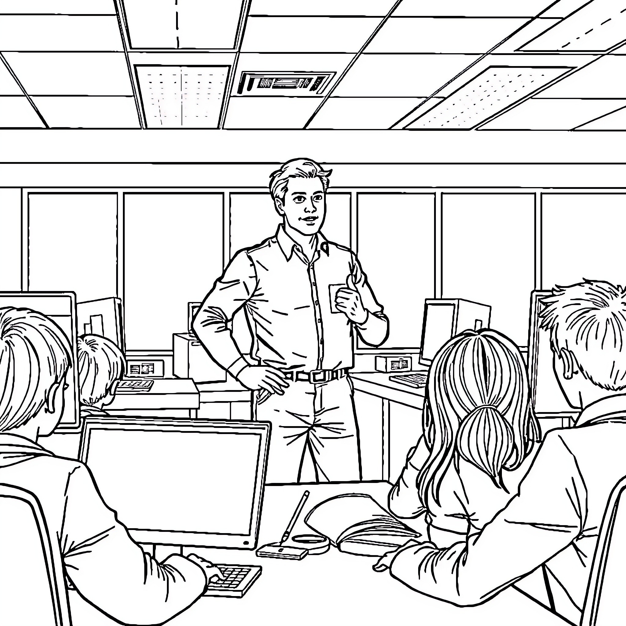 Teacher instructing students in a computer lab Coloring Page (free black-and-white line drawing printable PDF for all, from beginners to advanced learners, including children, teens, adults, and seniors)