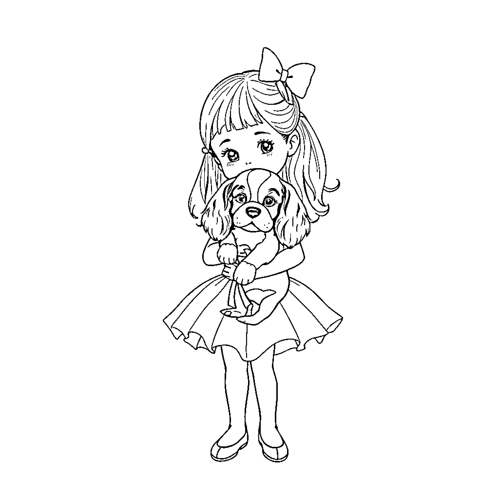 Ballerina playing with puppy in dress Coloring Page (free black-and-white line drawing printable PDF for all, from beginners to advanced learners, including children, teens, adults, and seniors)