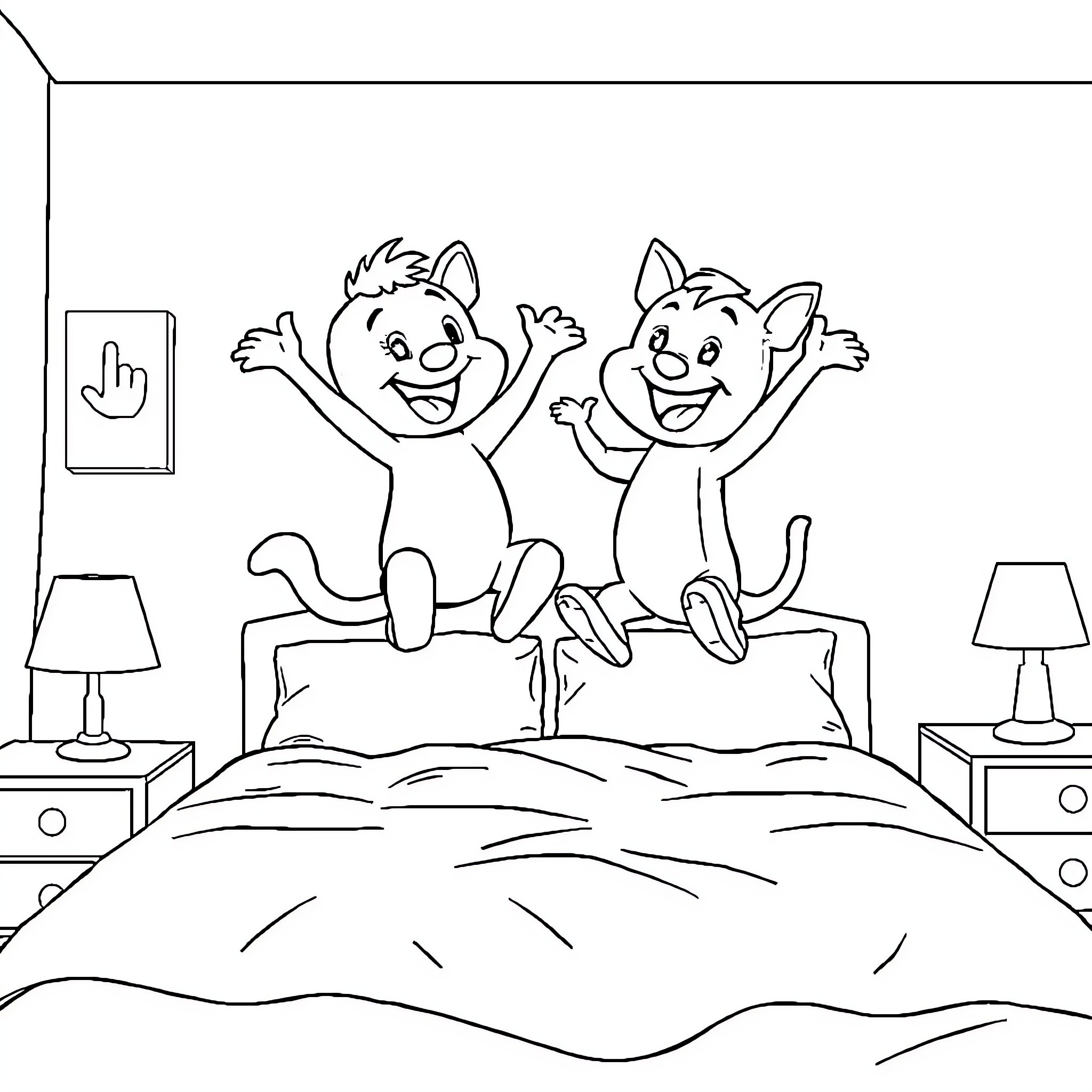 Bingo - Excited cartoon characters jumping on bed Coloring Page (free black-and-white line drawing printable PDF for all, from beginners to advanced learners, including children, teens, adults, and seniors)